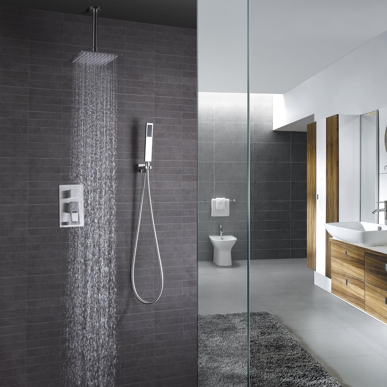 Sumerain shower system in use, showing water flowing from both shower heads