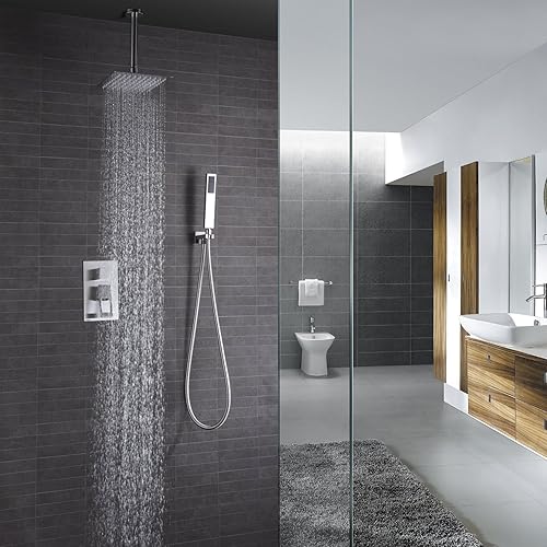 Miniatura 3 de sumerain Sistema de ducha de níquel cepillado, grifo de ducha de montaje en techo con válvula áspera, cabezal de ducha de lluvia de alta presión de