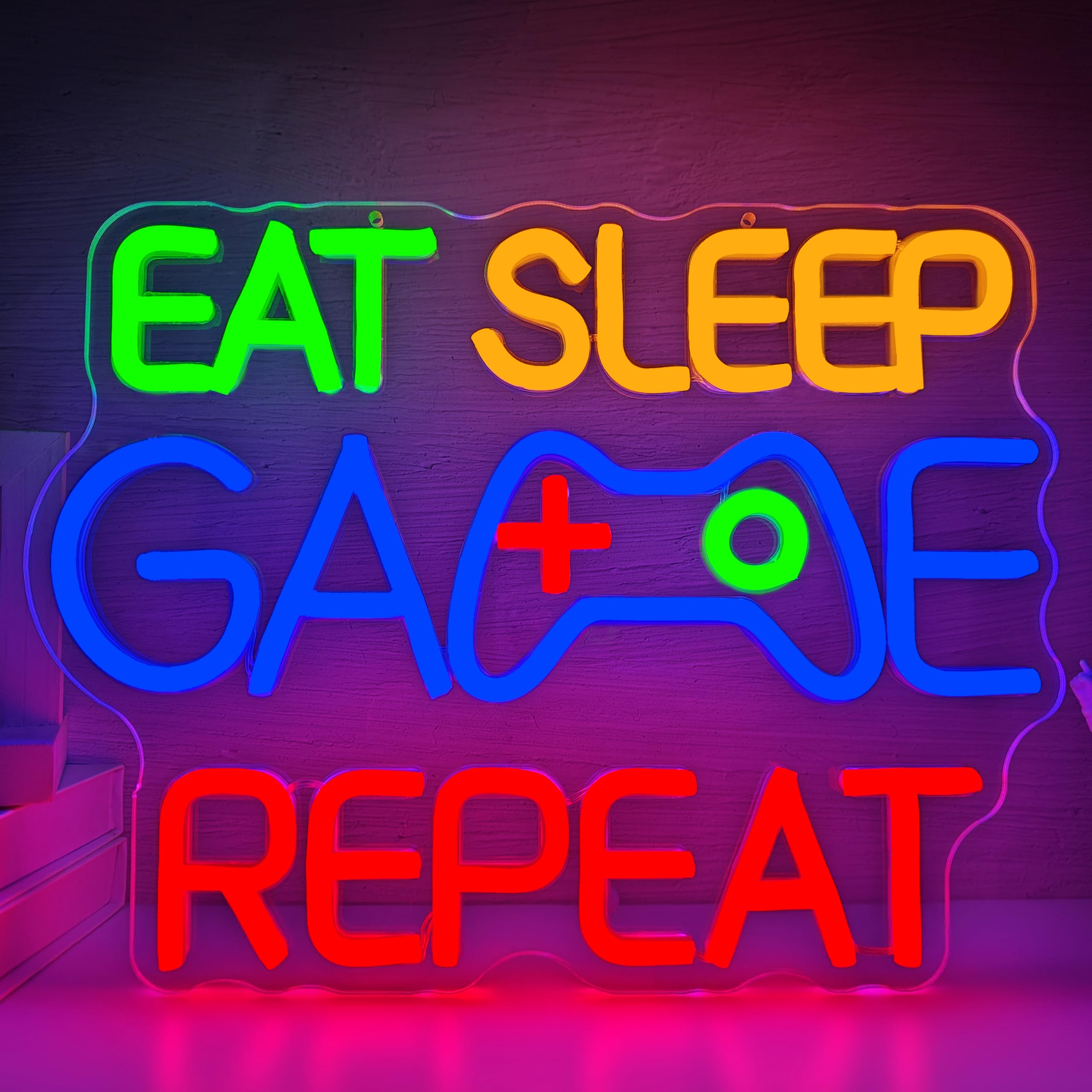 Eat Sleep Game Repeat Insegna al neon da gioco LED per la stanza dei ragazzi alimentata tramite USB, cartello decorativo per uomo, grotta, bar, camera da letto, sala giochi, arte da parete al neon per