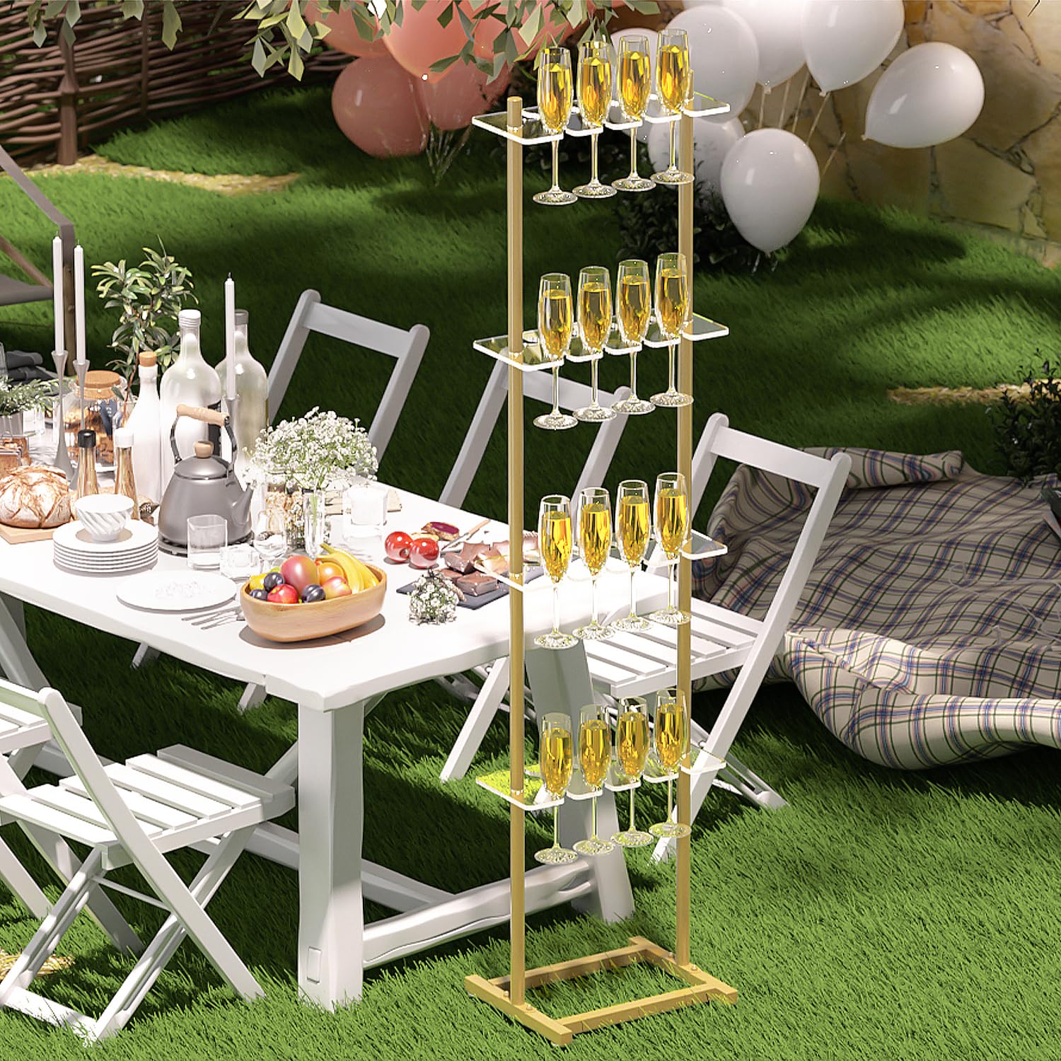 ikare Soporte de pared de champán para fiesta, soporte de pared de acrílico transparente de 4 niveles, 32 copas de vino para copas de champán en bodas, fiestas de despedida de soltera y eventos,