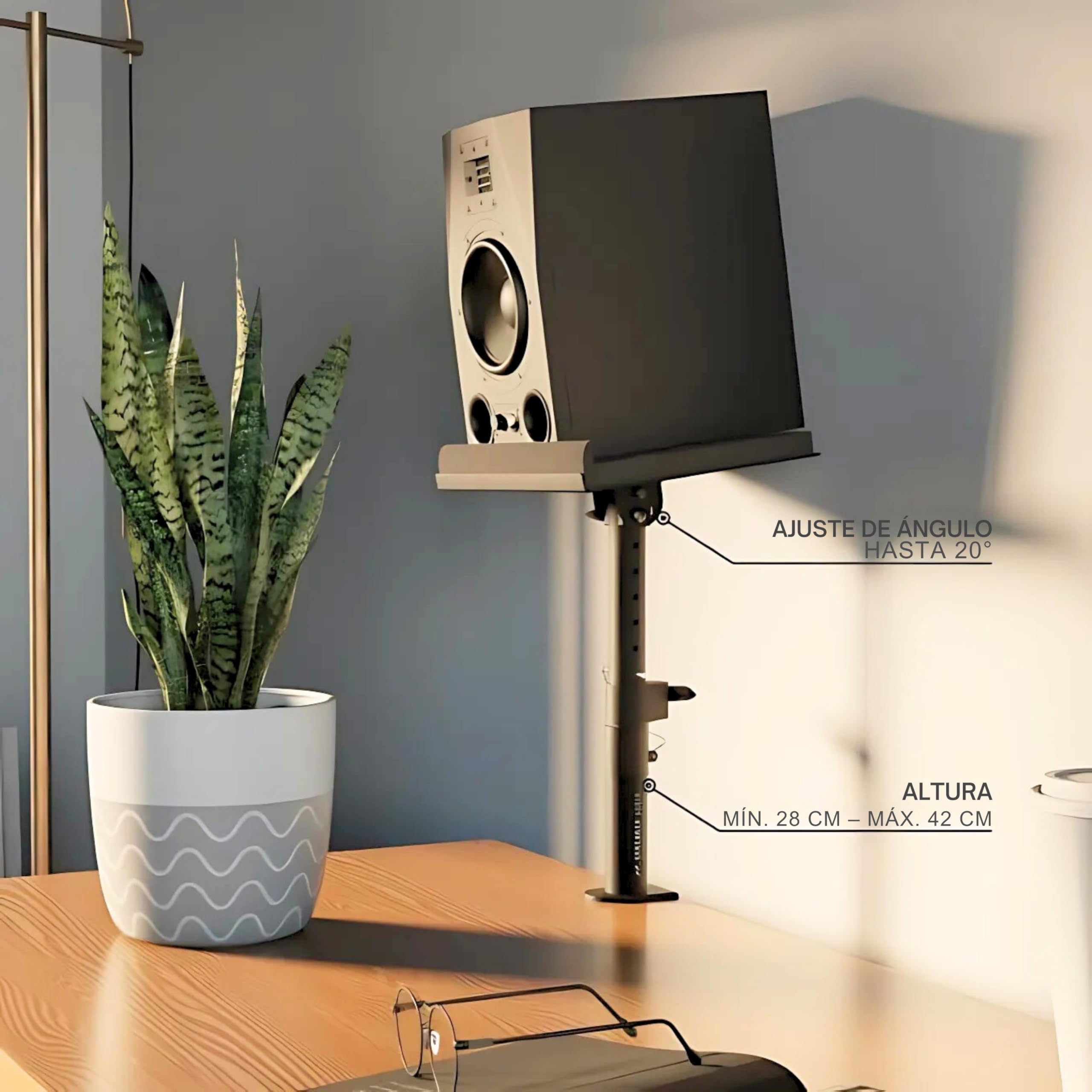 Soporte para Altavoz con Montaje de Escritorio – Inclinable ±20°, hasta 28 kg – con Absorbedor de Espuma – Robusto – para Estudio, Escritorio & DJ - Negro