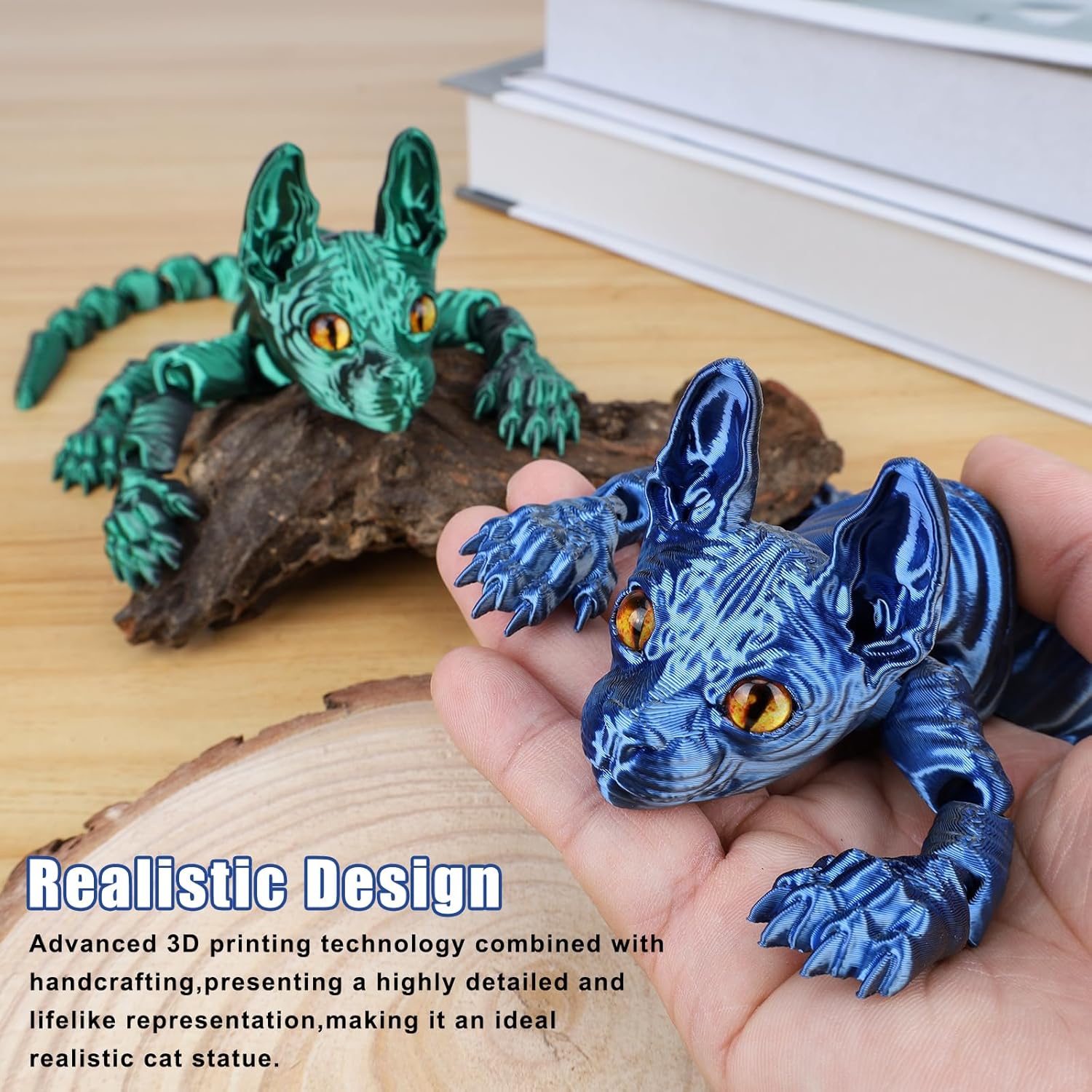 12 Inch 3D Printed Cat, 3D Printed Animals, Realistic Hairless Cat with Flexible Articulated Joints, Fidget Toy Desk Adults for Stress Relief, Home Office Decor (Blue and Black)