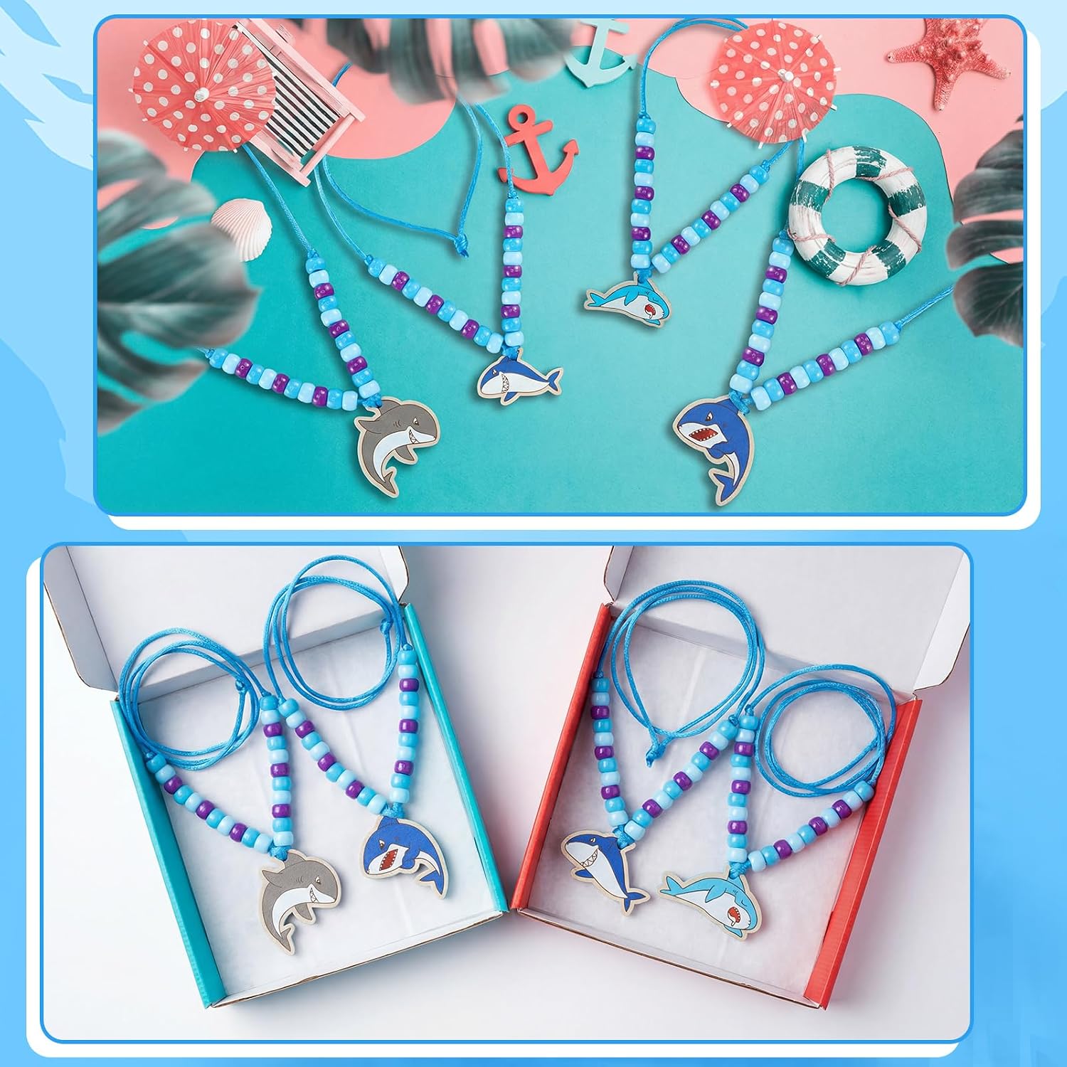 Ecally 24 Sets Shark Bead Necklaces Crafts Ocean Animals Beads for Necklaces Making DIY Summer Shark Charms Pendant for Under the Sea Beach Themed Party Favor Supplies Classroom Activities