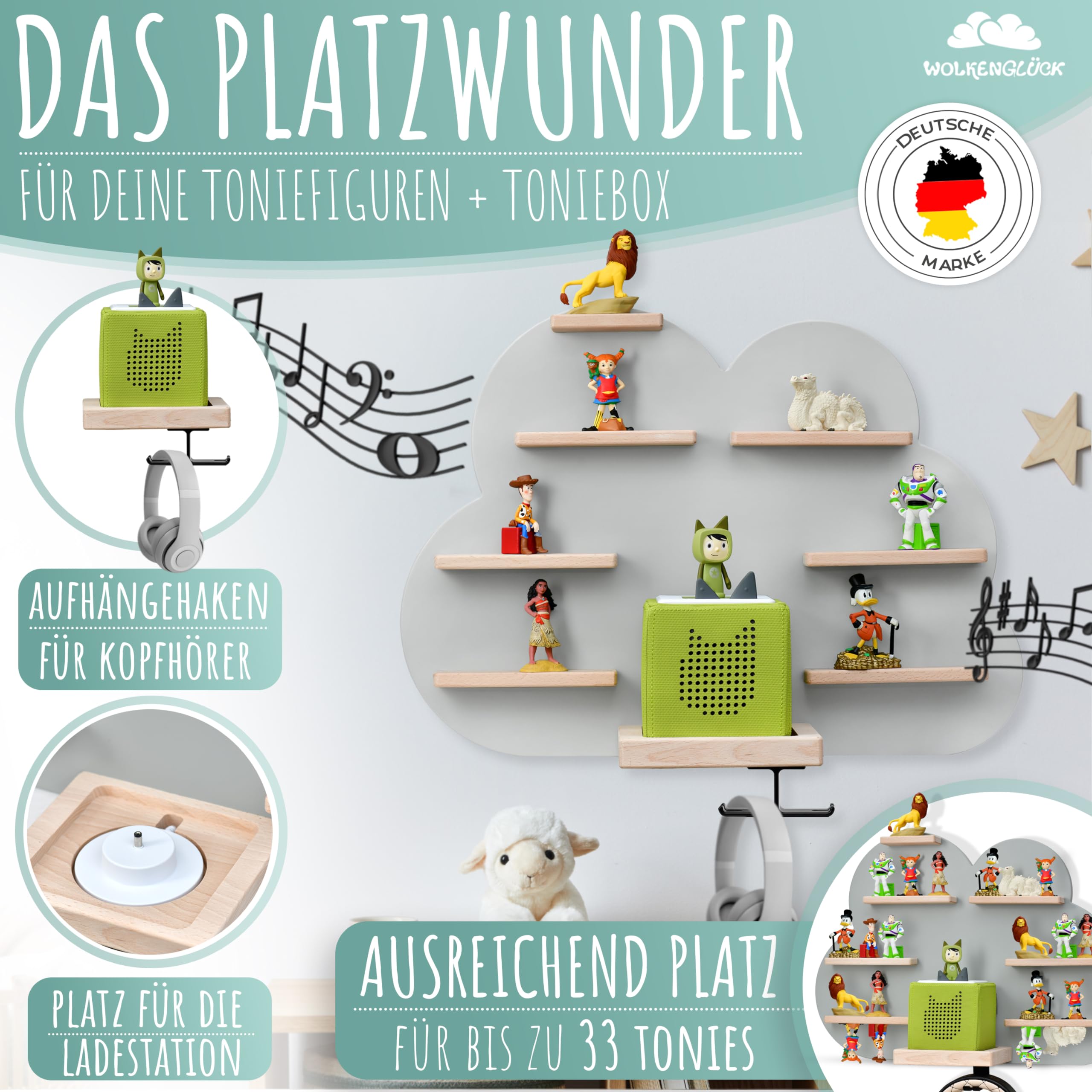 WOLKENGLÜCK® Tonie Regal (Wolke) zur Aufbewahrung der Tonie Box und bis zu 33 Tonies Hörfiguren - Magnetisches Toniebox Regal aus Holz für Mädchen & Jungen inkl. Kopfhörer-Halterung