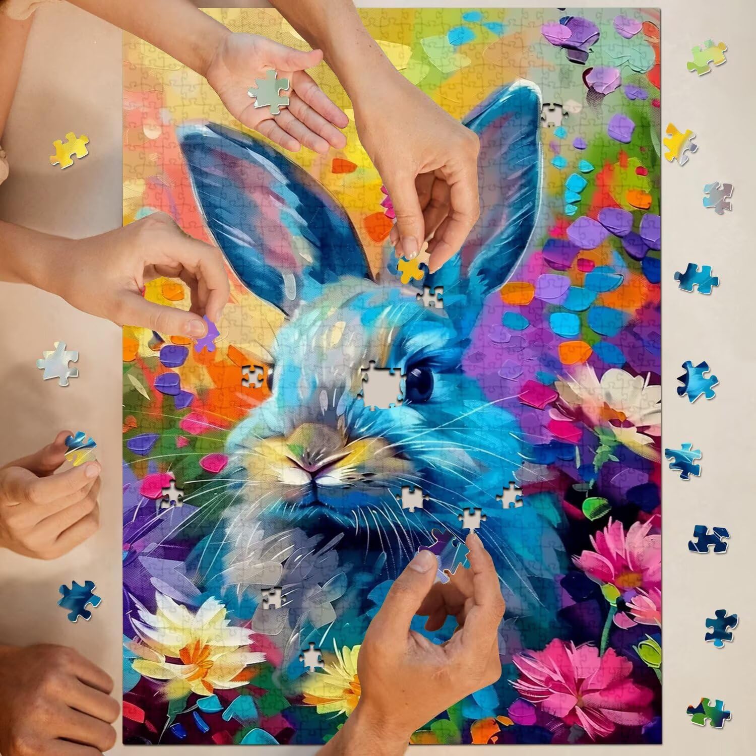 Funny Flower Bunny Puzzles for Adults 500 Pieces, Nature Animal Spring Jigsaw Puzzles, Rabbit Art Puzzles 15x20 inch