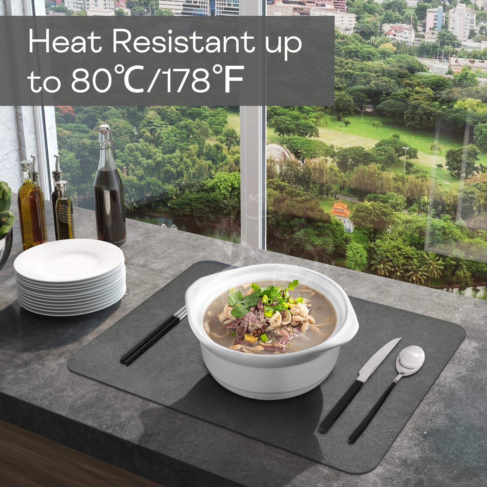 Set di 6 tovagliette in pelle ecologica in poliuretano, resistenti al calore, impermeabili, lavabili, per tavolo da pranzo, per casa, feste all'aperto (grigio/nero, 6)