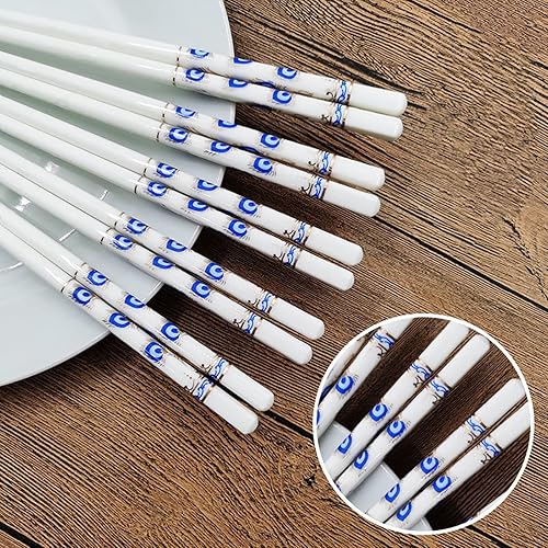 Miniatura 4 de 10 pares de palillos de cerámica con patrones de plumas, palillos de porcelana china de alta calidad de 9.72 pulgadas con caja delicada, fáciles de