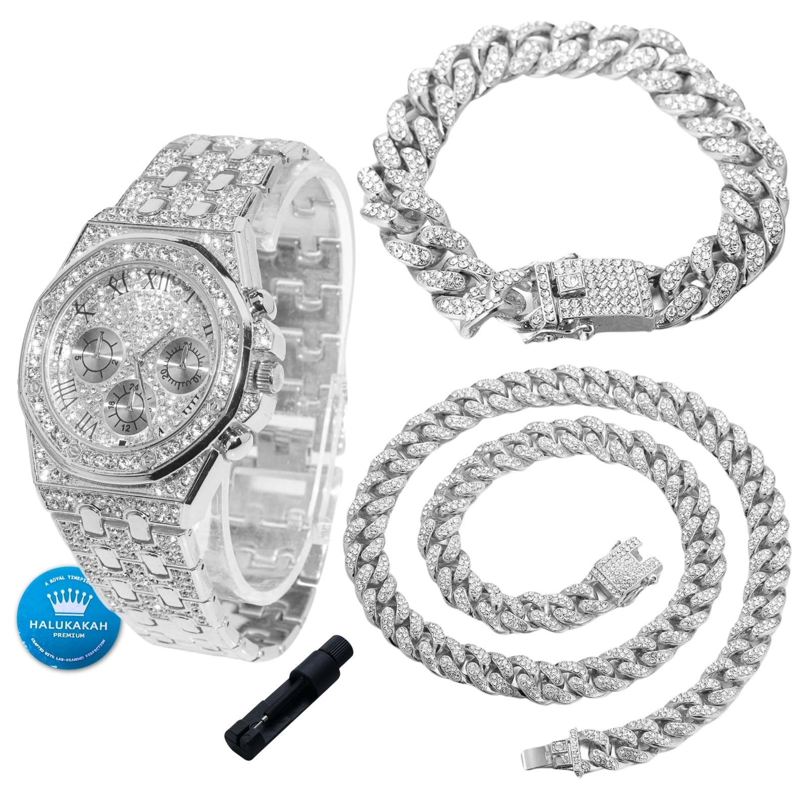 Halukakah Diamanten Gold Uhr für Jungen,Teenager - 18K Echtgold/Platin Platiniert,40mm Achteckiges Zifferblatt mit Römischen Zahlen - 20cm Länge -Optional mit Cuban Gliederkette,mit Anpassungswerkzeug