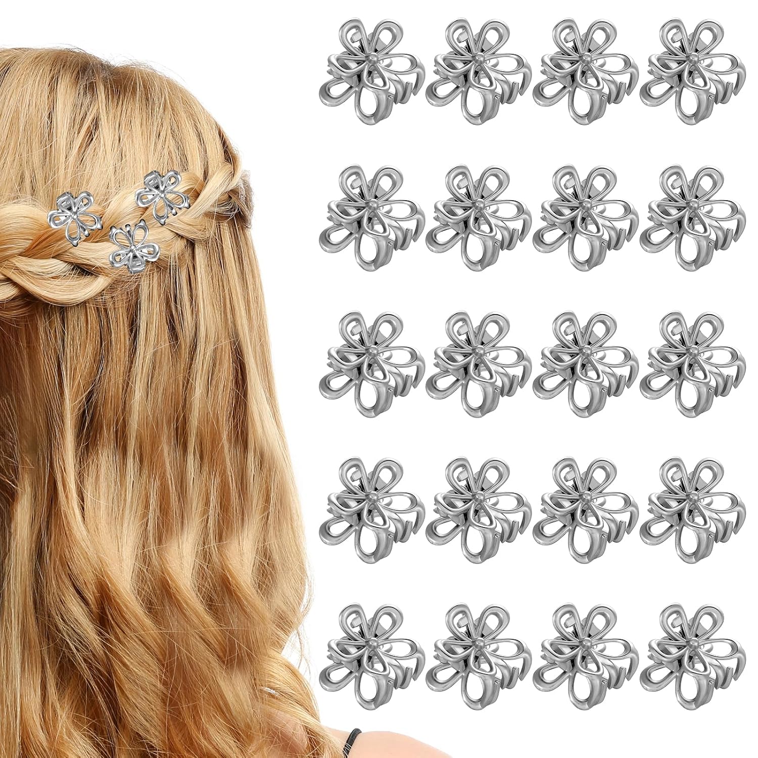Small Flower Hair Clips, 20 Pcs Silver Mini Hair Claw Clips Tiny Metal Flower Hair Barrettes Cute Floral Decorative Hair Accessories for Women Girls Thin Thick Hair