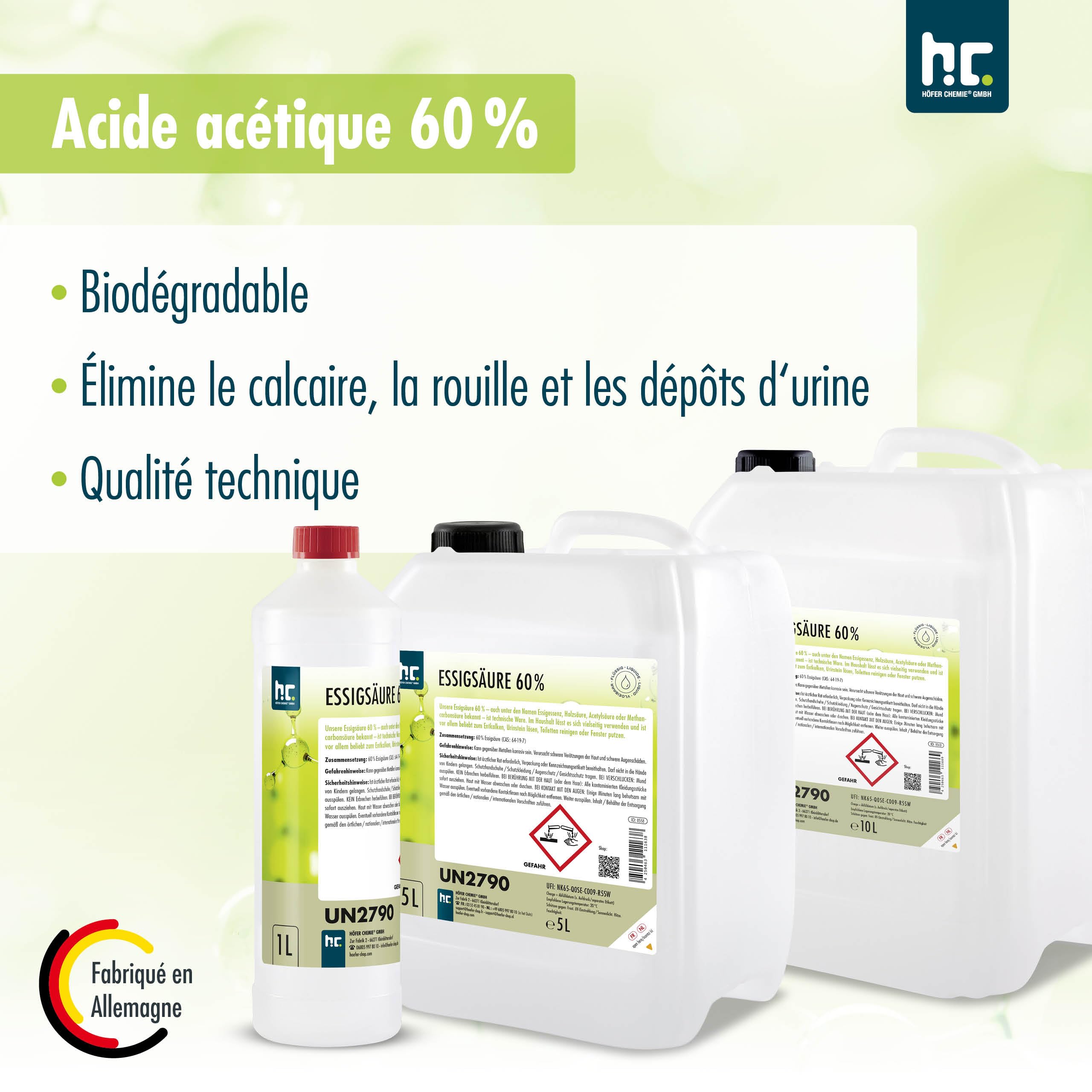 Höfer Chemie 2 x 5 L D'acide Acétique 60% - Nettoyant et Détartrant Optimal - Qualité Supérieure Fabriquée en Allemagne - Fraîchement Rempli dans un Bidon Pratique