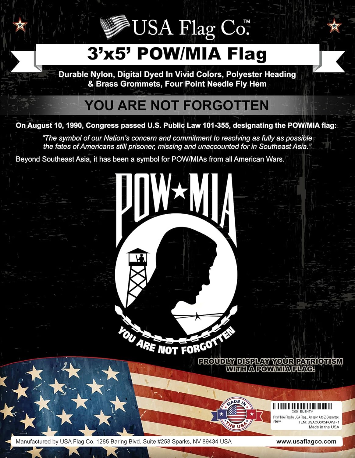 USA Flag Co. POW MIA Flag 3x5 Outdoor 100% American Made Black and White