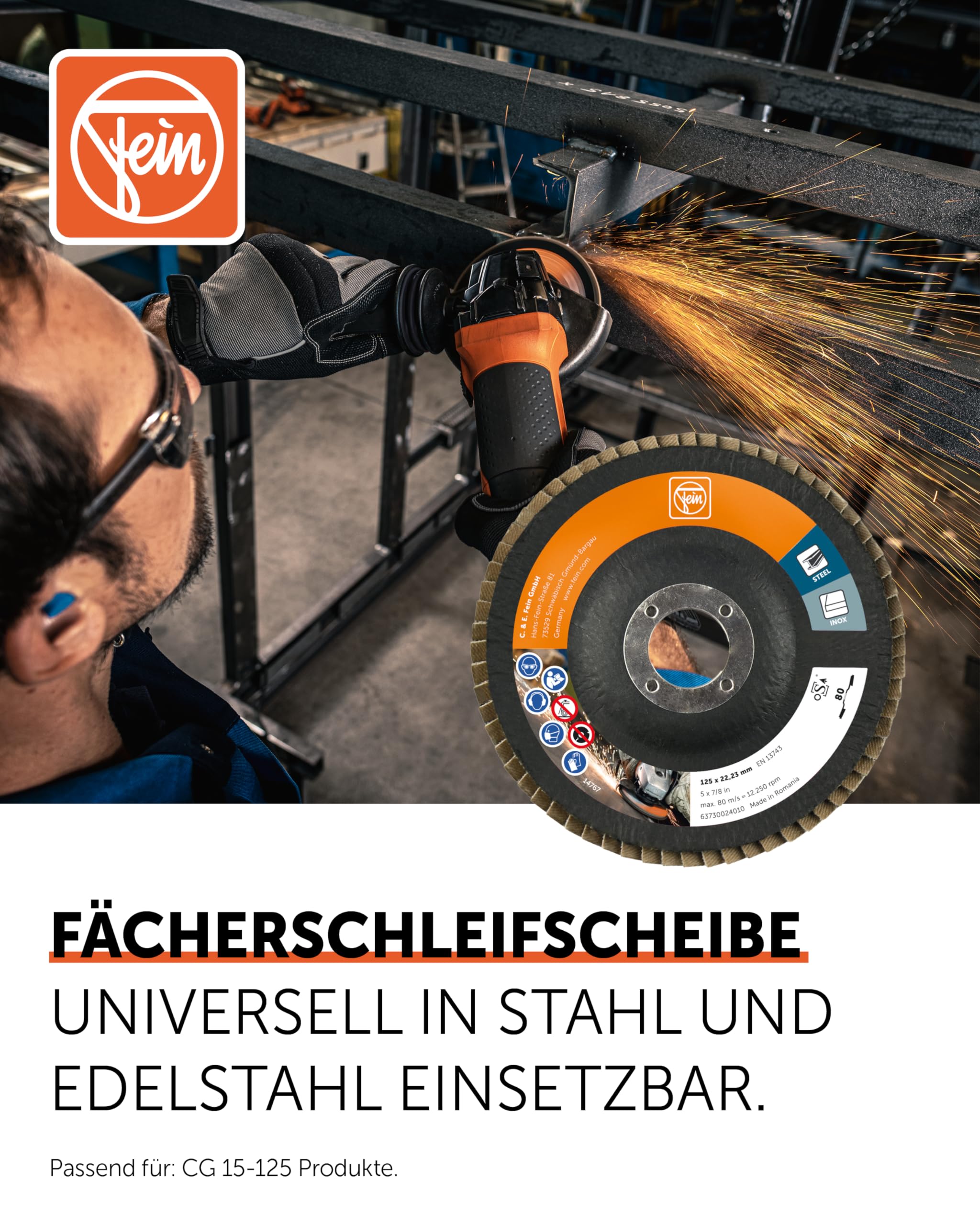FEIN Fächerschleifscheiben 125 mm, Korn 80 I 10 x Schleifscheiben für Winkelschleifer I Zum Schleifen von Stahl und Edelstahl I Ideal zur Kantenbearbeitung