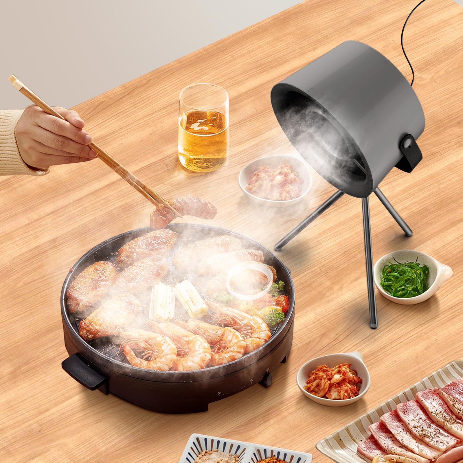 Tragbare Abzugshaube, Dunstabzugshaube mit austauschbarem Filter, Desktop-Abzugshaube mit 3-Windgeschwindigkeiten-Abluftventilator, Küchenentlüftung für BBQ, Kochen, Hot Pot (Premium Schwarz)