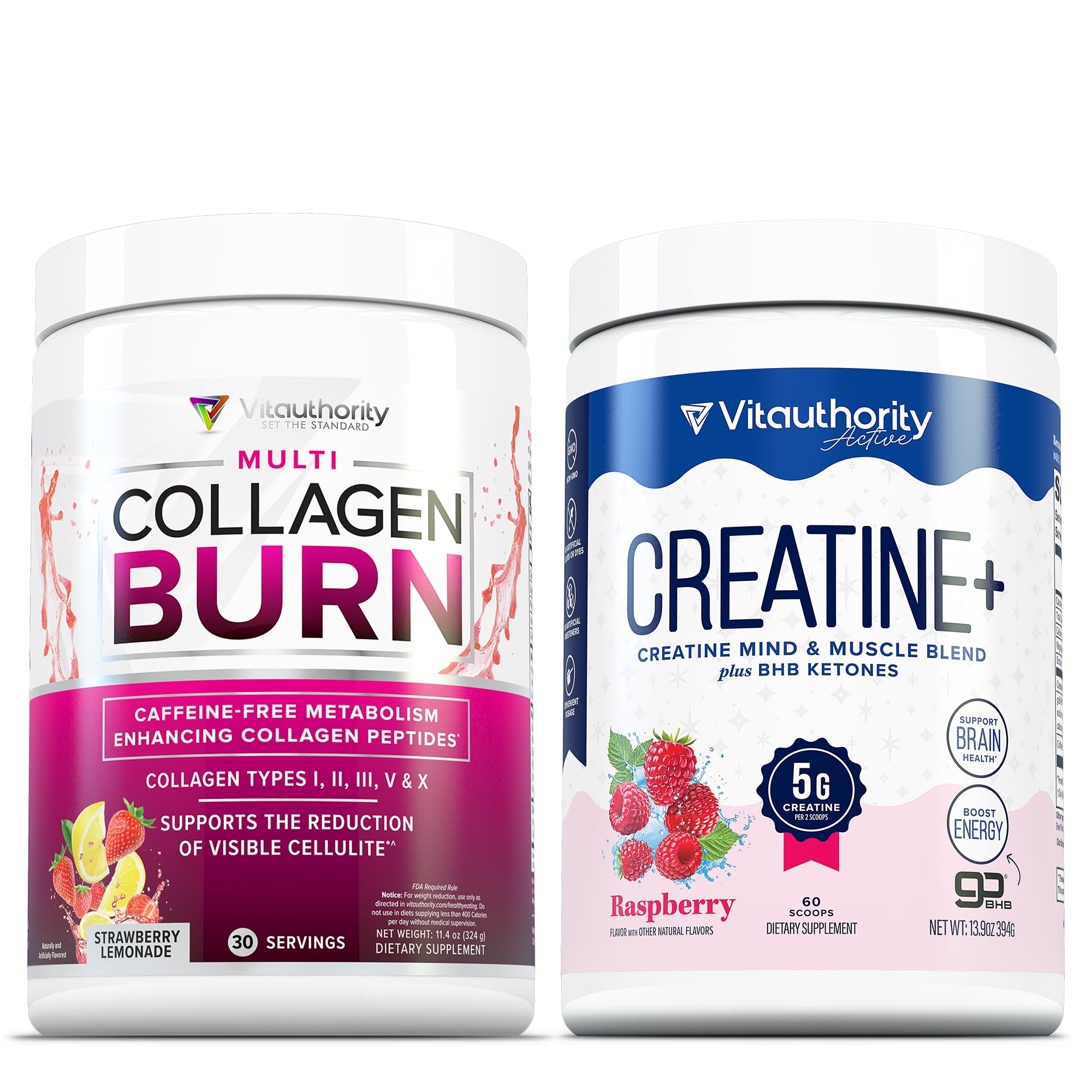 Vitauthority Multi Collagen Burn: Hydrolyzed Protein Peptides with Hyaluronic Acid and Creatine Monohydrate Powder for Women Micronized Creatine Monohydrate with goBHB & CognatiQ