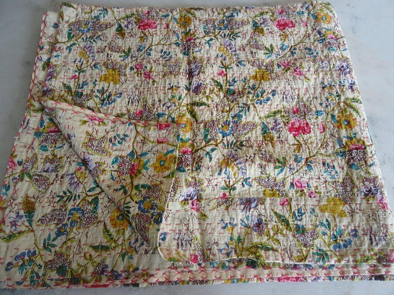 Crafts creationWhite Multicolor Paradise Floral Print Queen Size Kantha Quilt, Kantha Blanket, Bed Cover, Queen Kantha Bedspread, Bohemian Bedding Kantha Size 90 Inch x 108 Inch (Queen)