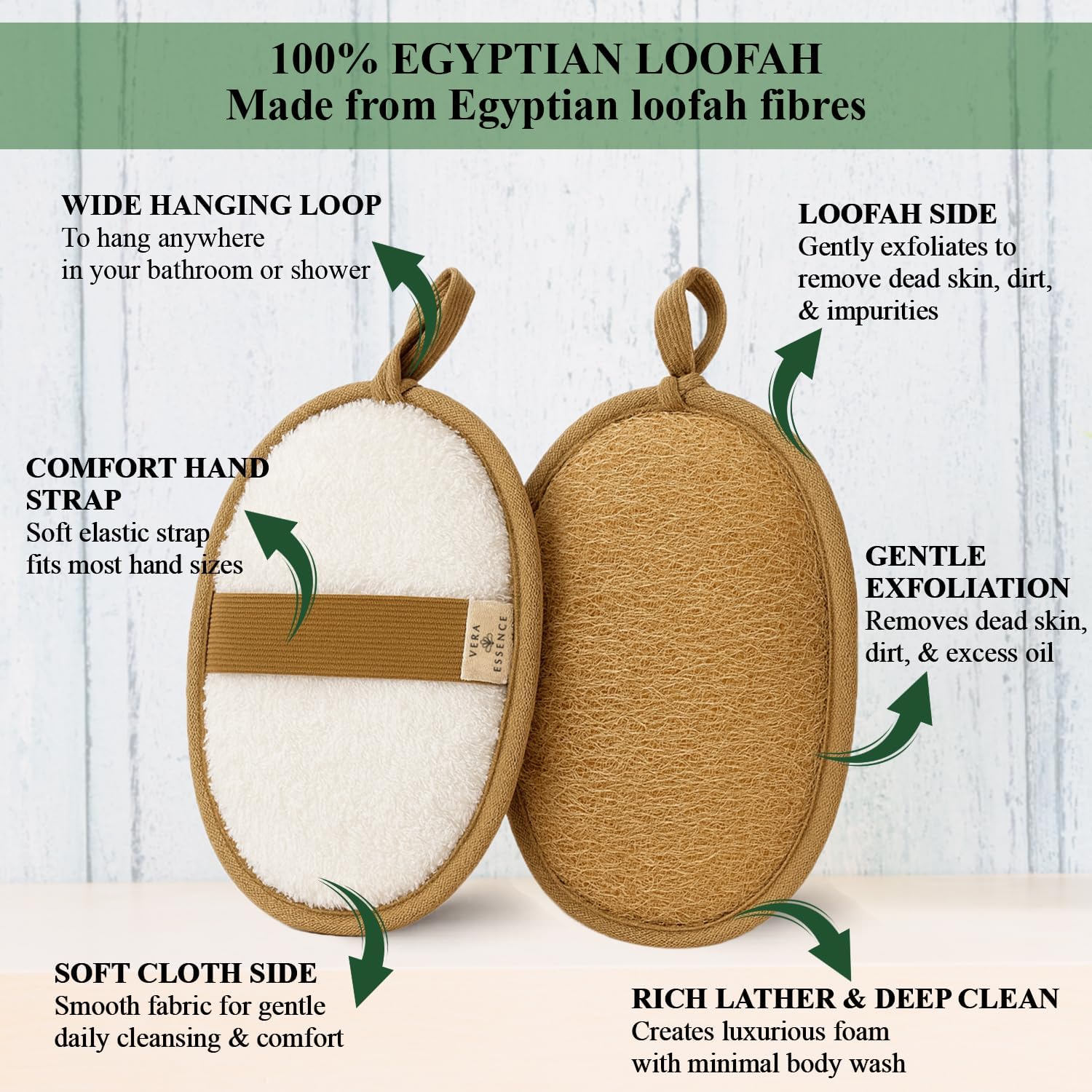 Natural Loofah Exfoliating Body Scrubber (Pack of 2) - Made from Egyptian Luffa, Gentle Bath Sponge for Men and Women - Deep Cleansing Soft Pad Dual-Sided w/Terry Cloth, Hand Strap for Shower & Spa