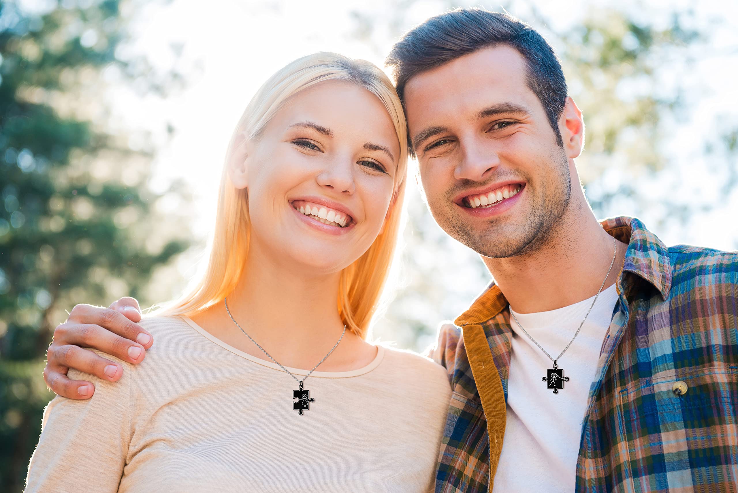 2 Stück Personalisierte Kette mit Gravur Edelstahl mit Anhänger Puzzle Teil in silber schwarz gold - Personalisierte Geschenke für Damen Herren Freundin Freund - Partner Halskette Sie Ihn