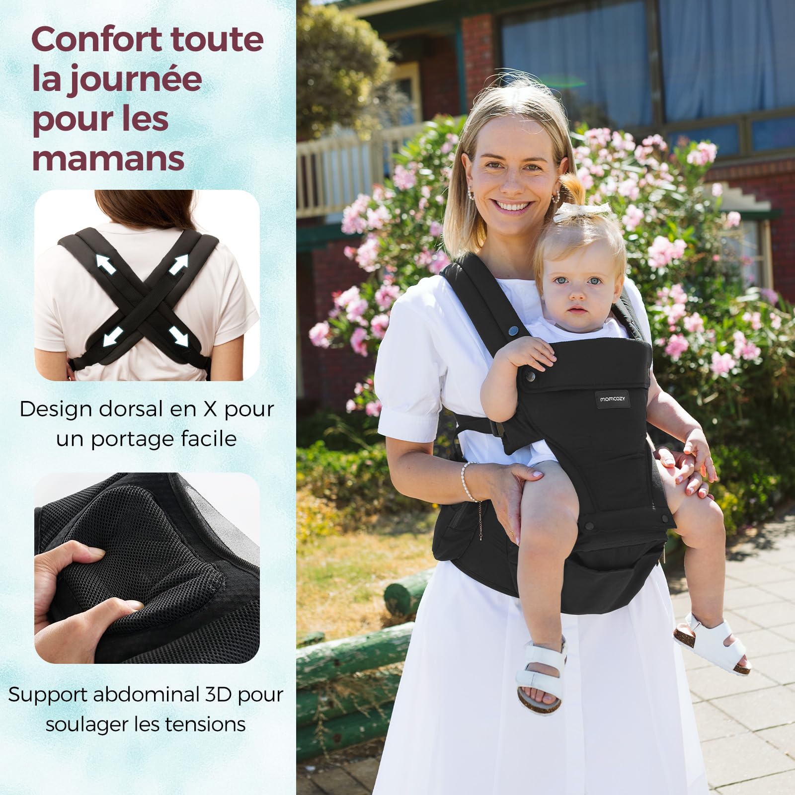 Momcozy Porte-bébé 2 en 1 avec coussin de hanche, réglable, amovible, jusqu'à 20 kg, respirant, soutien lombaire, noir