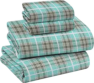 RUVANTI Flannel Sheets Full Size - 100% Cotton Brushed Flannel Bed Sheet Sets - Deep Pockets 16 Inches (fits up to 18") - All Seasons Breathable & Super Soft - Warm & Cozy - 4 Pcs - Green Plaid