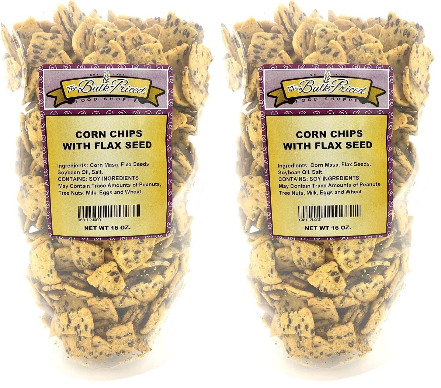 Corn Chips with Flax Seed, Healthy Snacks, Bulk Size (1 lb. Resealable Zip Lock Stand Up Bag) (Pack of 2)