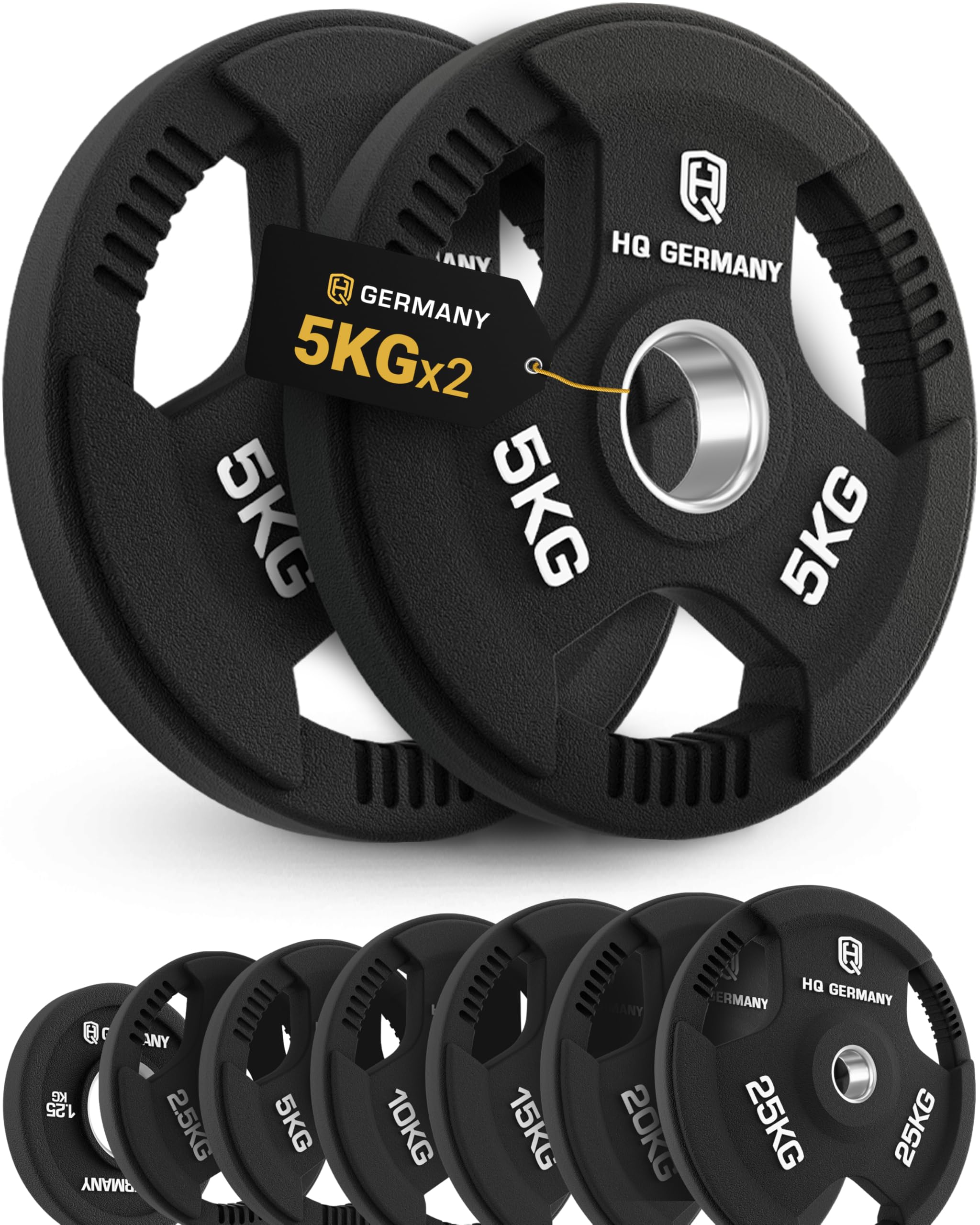 HQ Germany® Hantelscheiben 50mm [Sets / 1.25-25kg] - Tri-Grip Bumper Plates - Hantelscheiben Set 50mm, Gewichtsscheiben, Gewichte für Hantel, Gewicht Weight Plates in Premium-Qualität