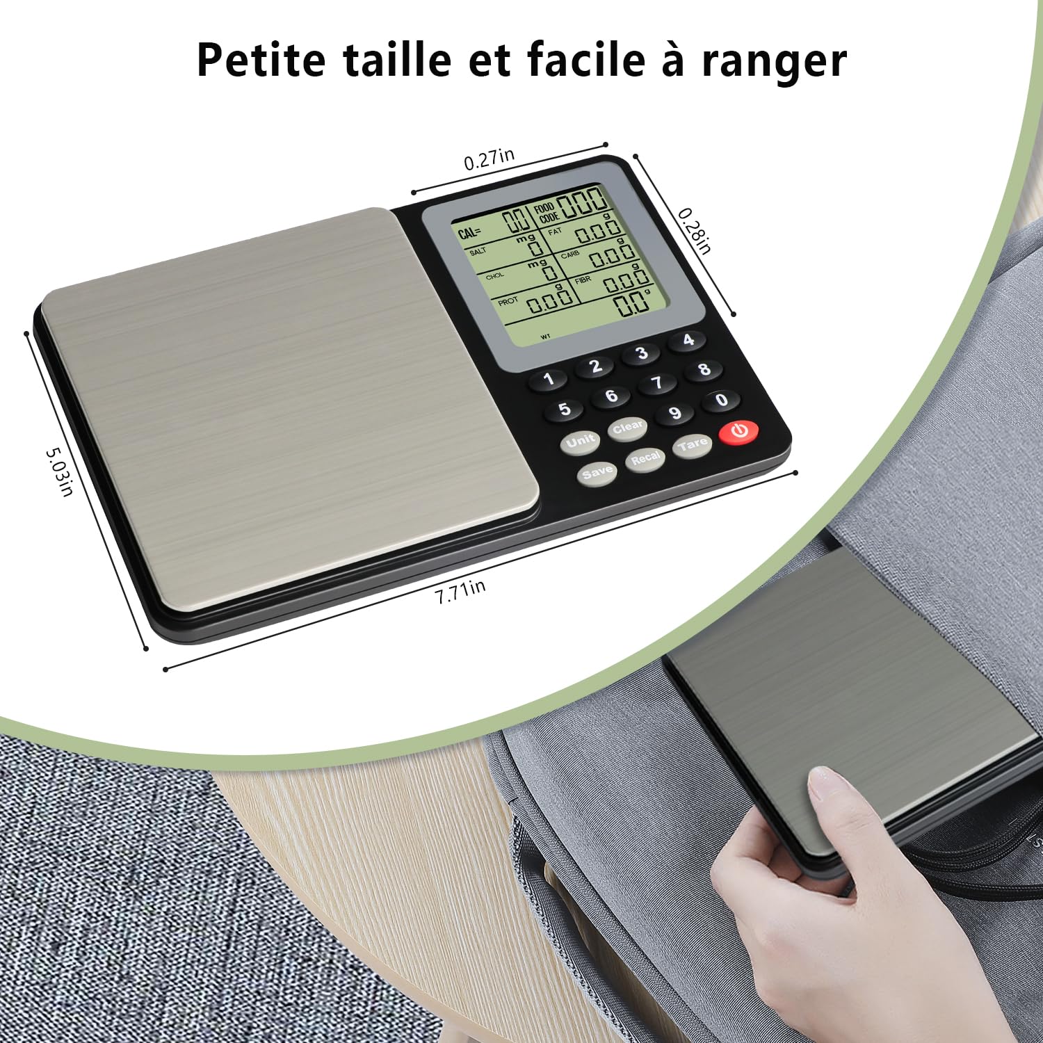 UNIWEIGH Digital Kitchen Scale showing its compact dimensions and being stored in a bag.