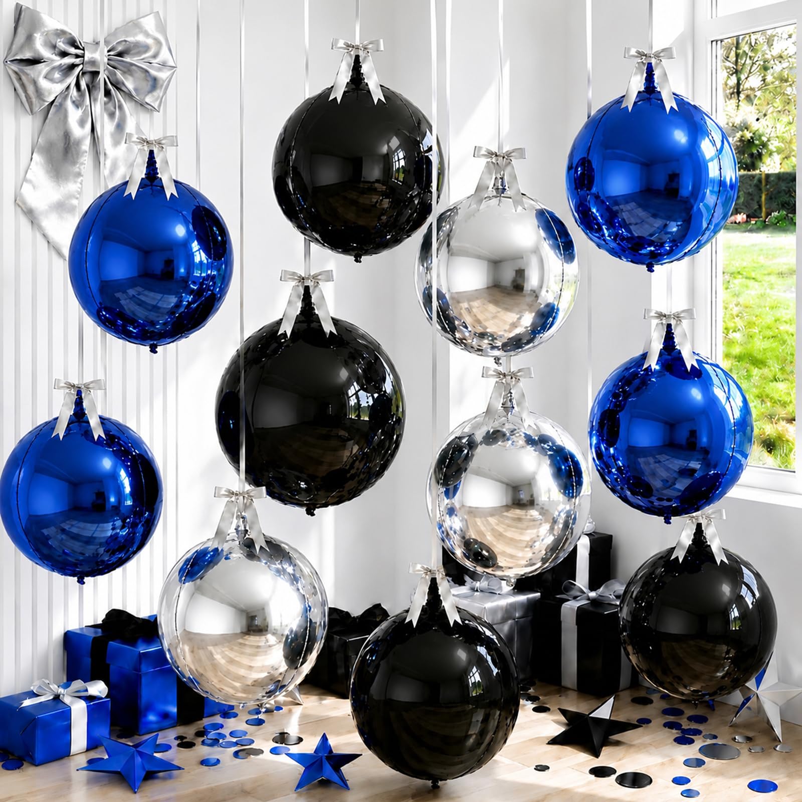 Froova 9 Pcs Black Blue Silver Round Foil Balloons Black Royal Navy Blue Metallic Silver Chrome 4D Ball Balloons 22 In Orbz Mylar Balloon for Graduation Grad Birthday Anniversary Party Decorations