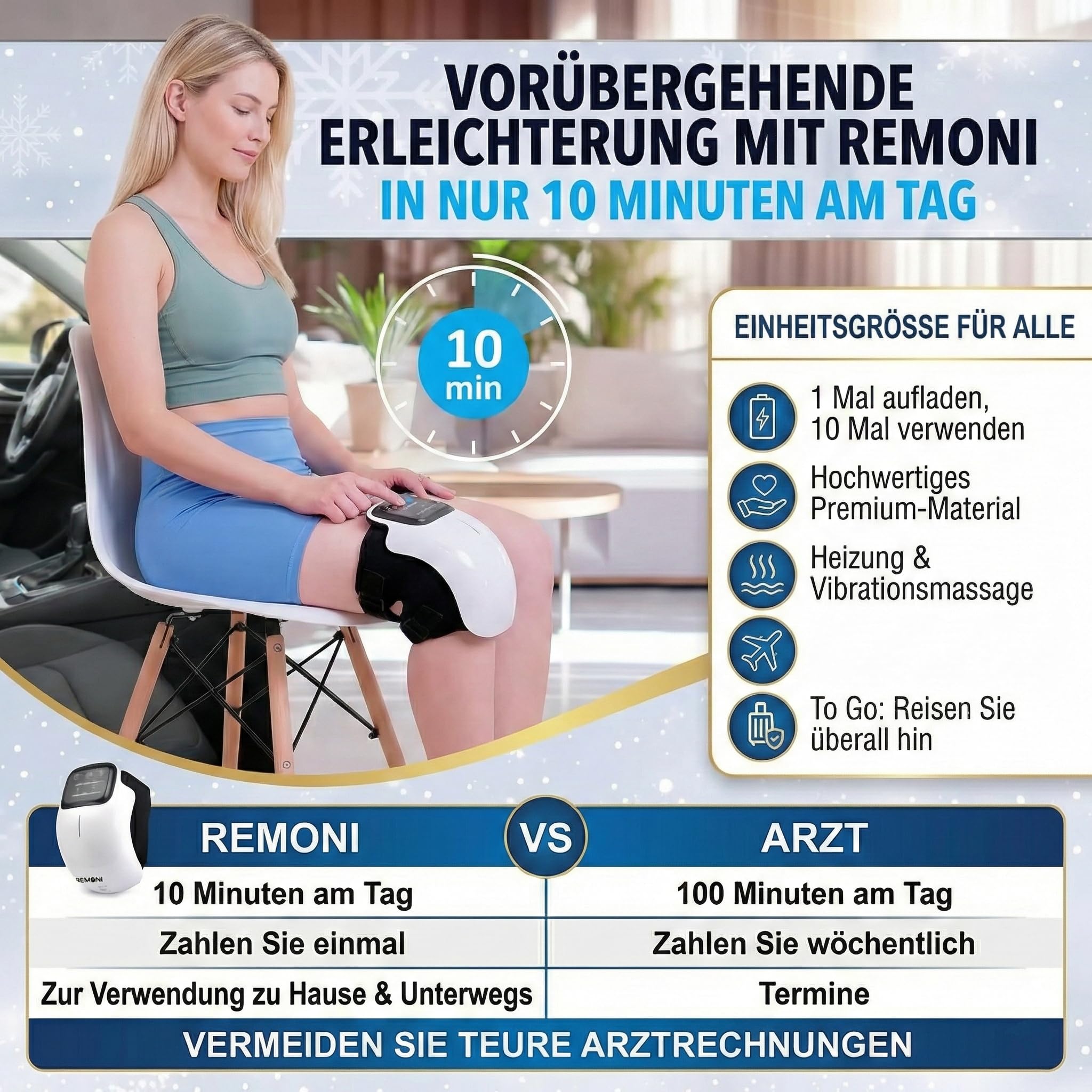 Knie Massagegerät mit Infrarot & Wärme, Kabelloses Vibrationsgerät für Kniegelenke, 3 Wärmestufen & Rotlicht, Kniebandage für Entspannung & Regeneration, Timer & Touchscreen, 700g (Grau)