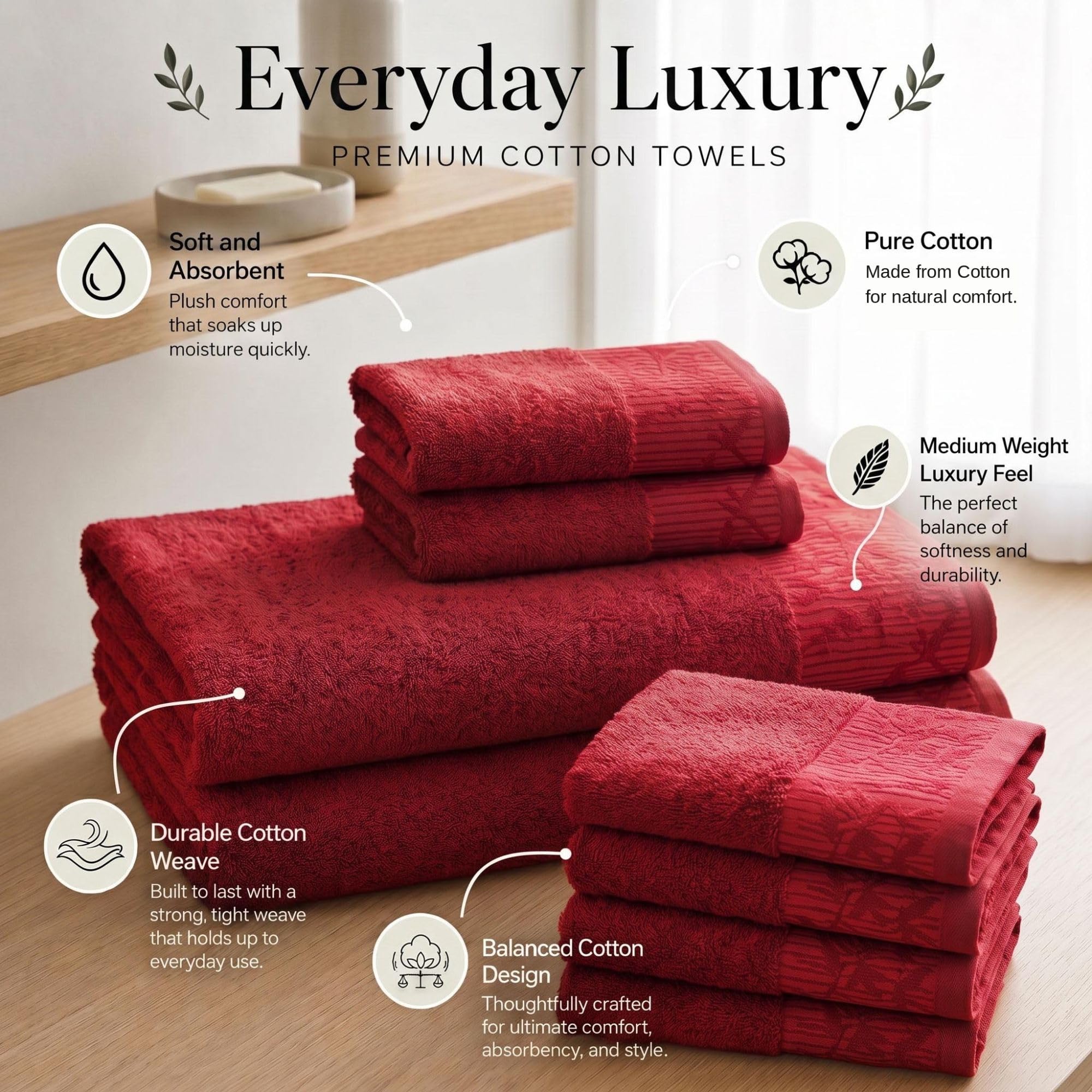 Superior 8-teiliges Baumwoll-Handtuch-Set, Florale Jacquard-Dobby-Bordüre, schnell trocknend, dekoratives Badezimmer, Dusche, Badewanne, inklusive 2 Körper, 2 Hand, 4 Gesichtshandtücher/Waschlappen,