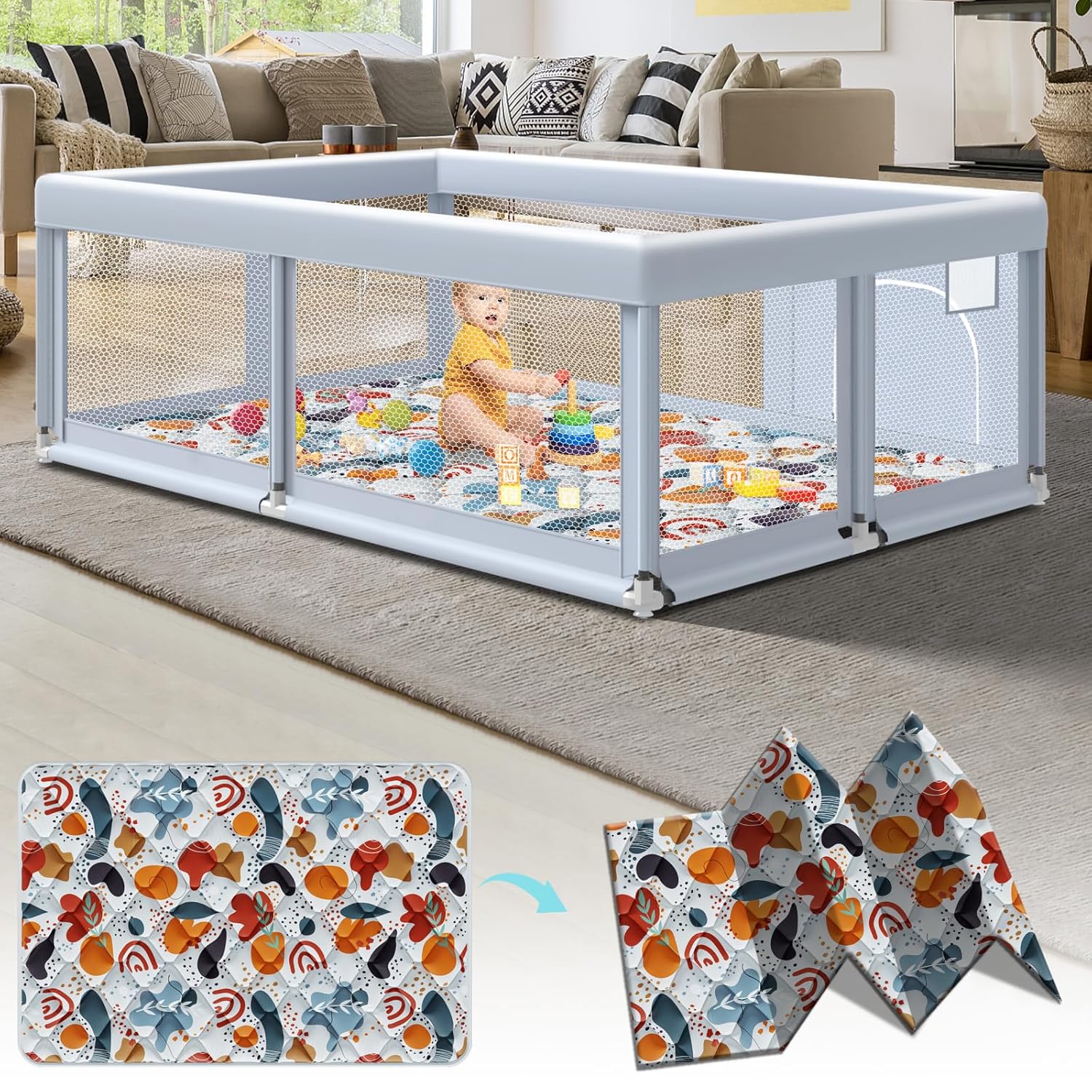 65" ×50" Large Baby Playpen with Mat, Baby Playard for Babies and Toddlers, Play Pens for Indoor & Outdoor, Sturdy Safety Play Yard with Soft Breathable Mesh, Anti-Fall, Grey 65*50 IN+MAT Grey