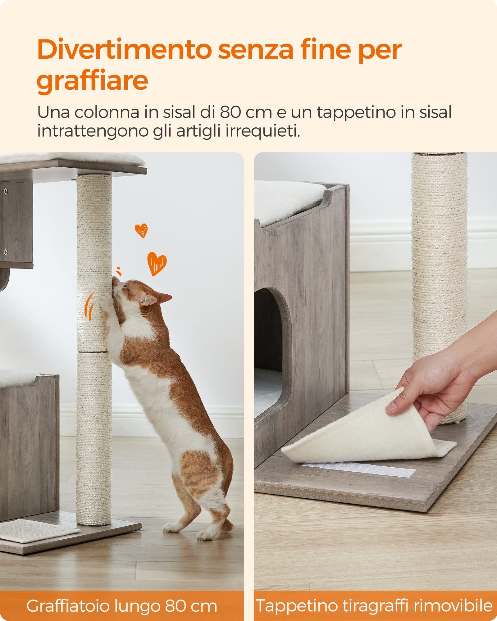 Feandrea Tiragraffi, Albero per Gatti di Truciolato Alto 86 cm, con Grotta, Posatoi, Colonna e Tappeto Graffiatoio in Sisal, Lavabili Tappeti in Pelliccia Sintetica, Greige Melange PCT070G01