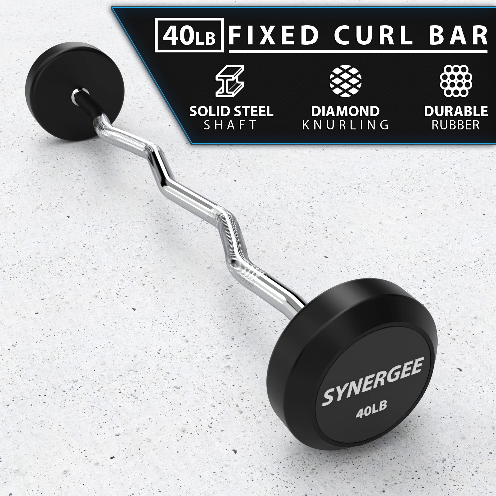 Synergee Fixed 40LB Easy Curl Bar Pre Weighted Curved Steel Bar with Rubber Weights - Fixed Weight