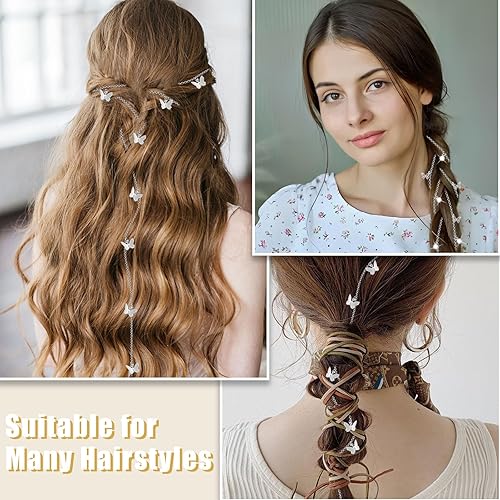 Miniatura 10 de 4 cadenas trenzadas de cabello de mariposas, joyas para el cabello con diamantes de imitación, pinzas para el cabello de mariposas, accesorios para