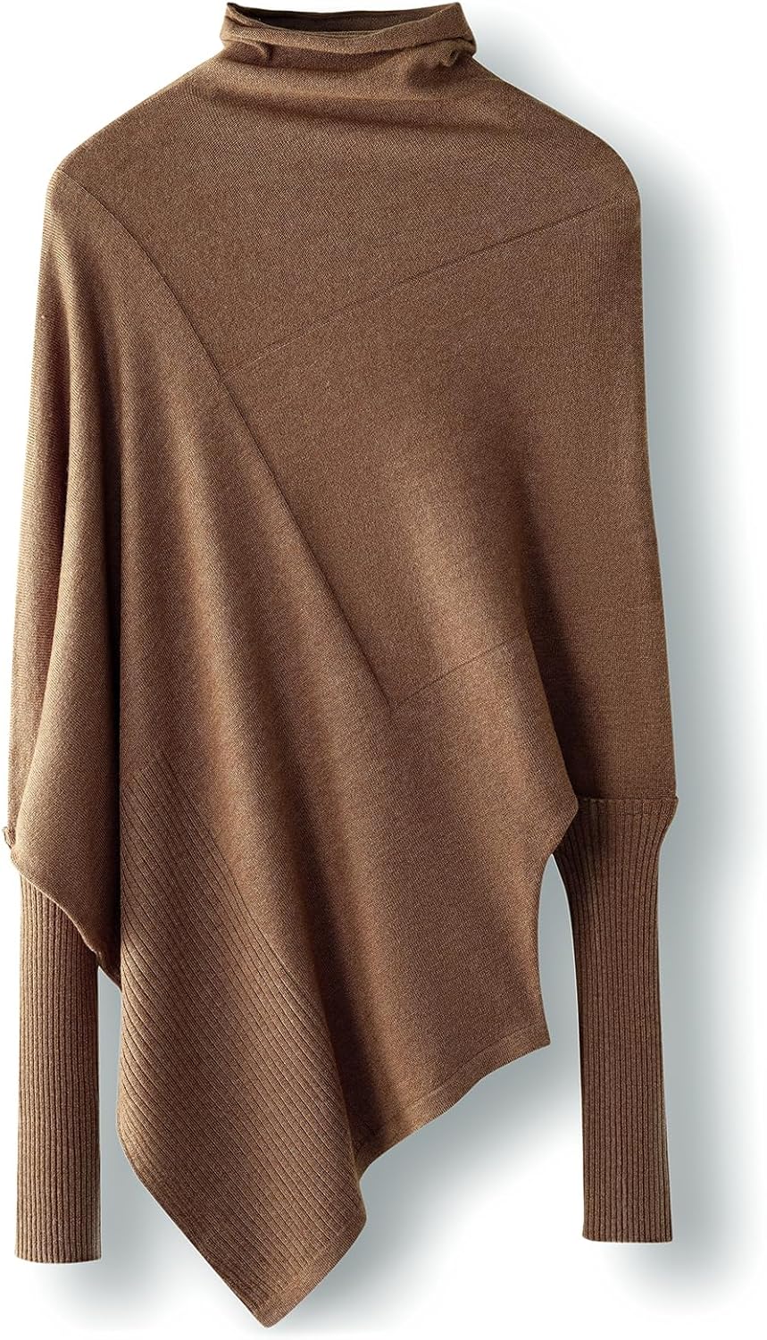 Women's Merino Wool Blend Oversized Sweater Fall Winter Turtleneck Ribbed Batwing Sleeve Asymmetrical Knit Pullover