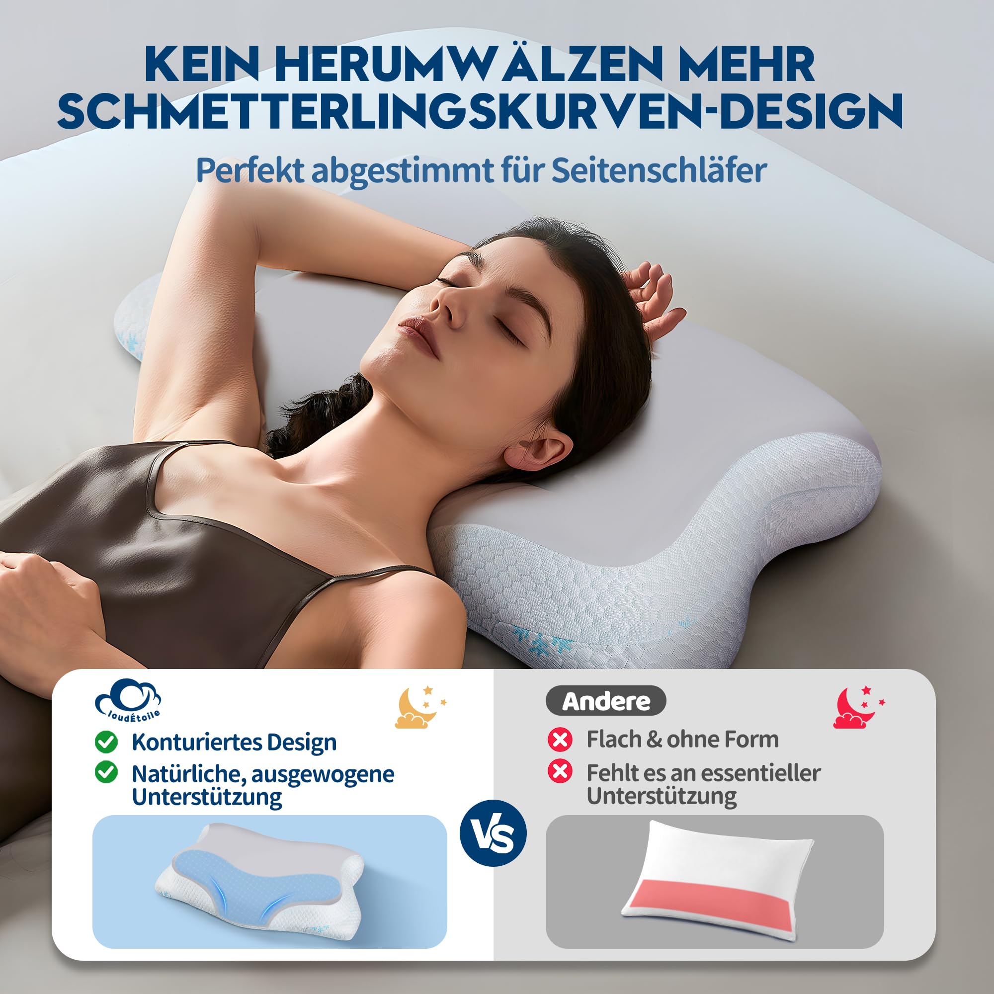 Kopfkissen Memory Foam Kissen ‑ 2‑in‑1 Nackenkissen Kopfkissen Memory Schaum Seitenschläferkissen, Komfort Kissen Viscoschaum für Seiten Rücken Bauchschläfer