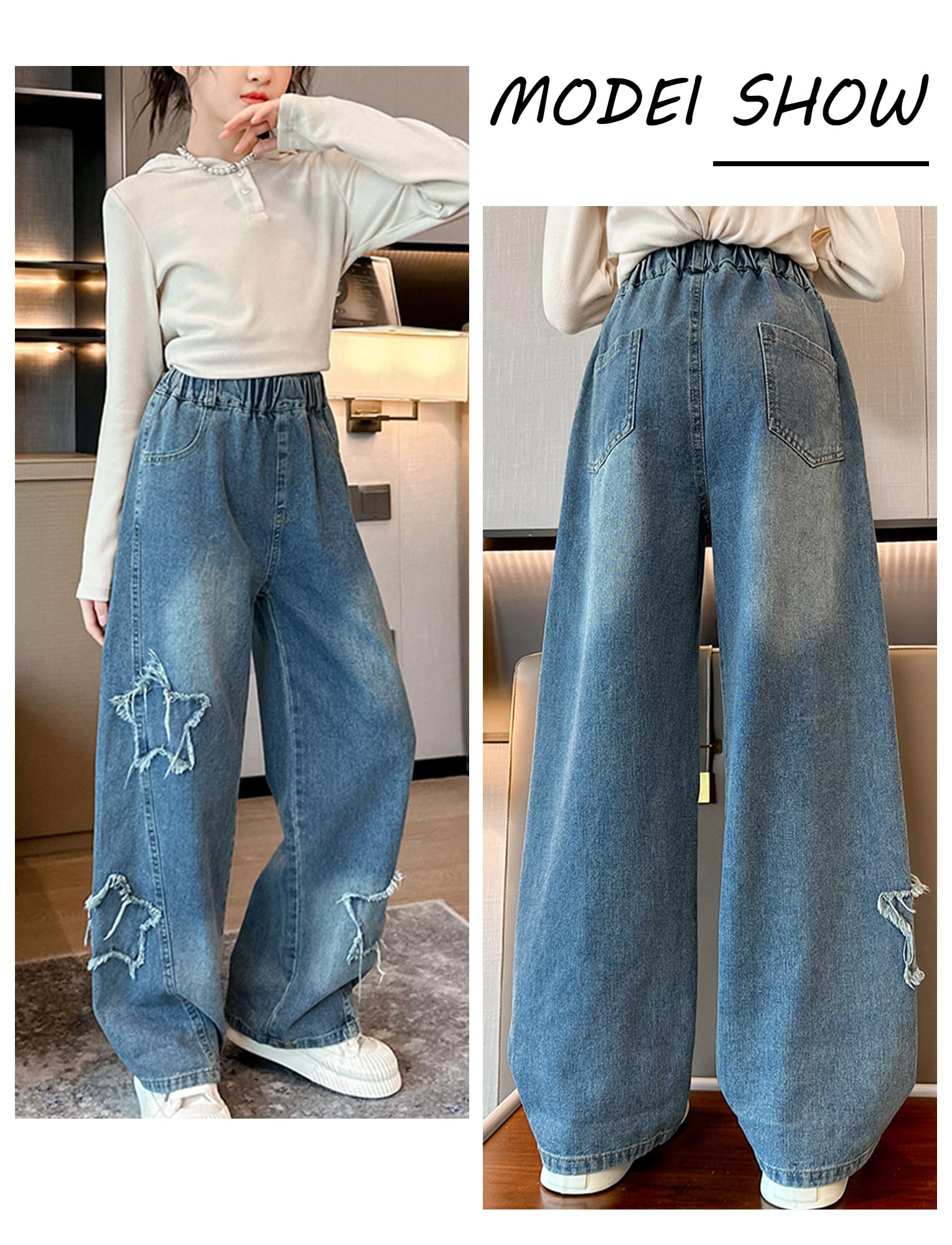 SEAUR Plus Size Girls Jeans Vintage Jeans Baggy Denim Pants Kids Loose Fit Jeans Wide Leg Jeans Y2K Dziewczęce spodnie jeansowe