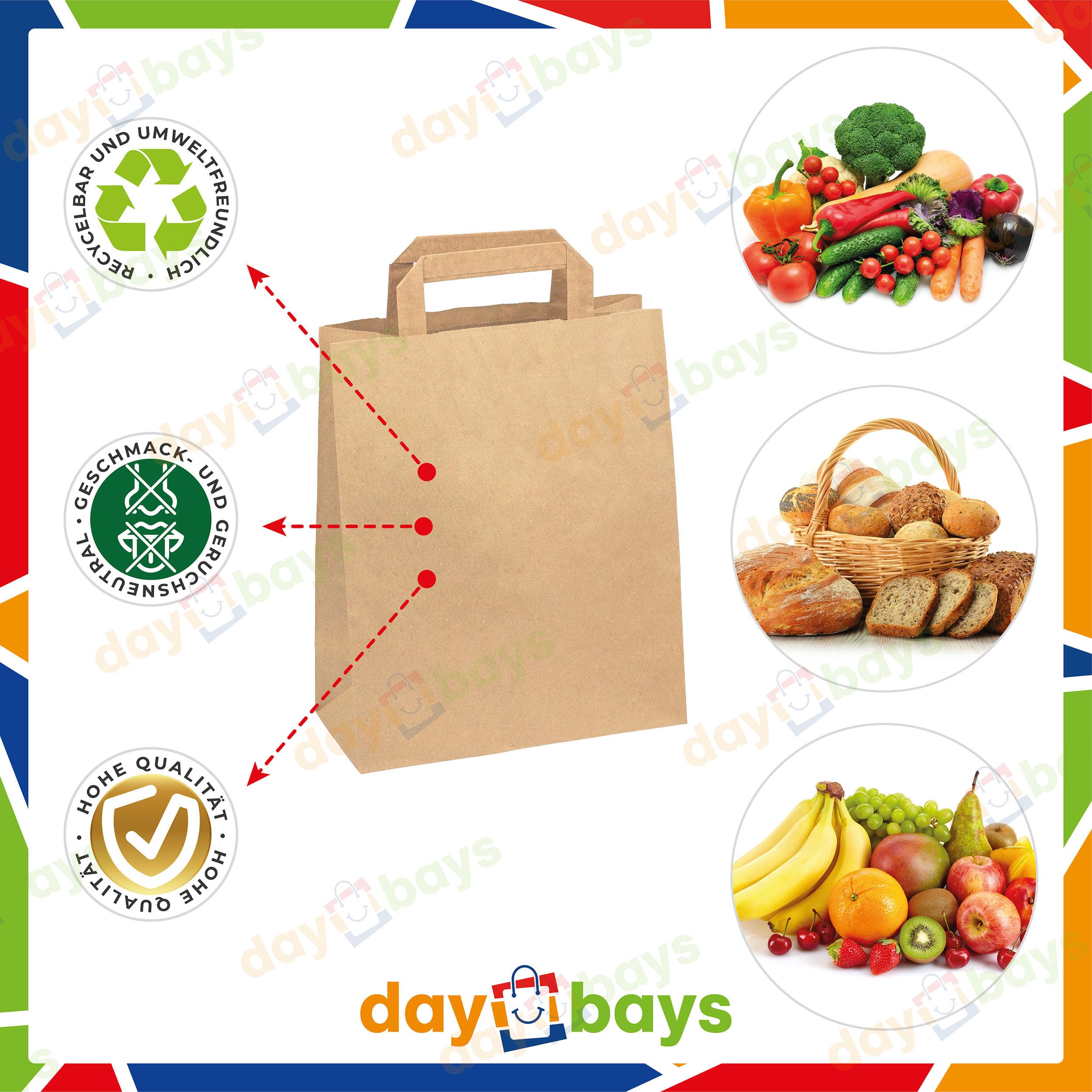 Daybays Papiertüten 18+8 x 22 cm Braun, 1000 Stk. Geschenktüten Papiertragetaschen mit Henkel aus Kraftpapier, Papiertaschen Geschenktüte Papiertüte klein (1000)