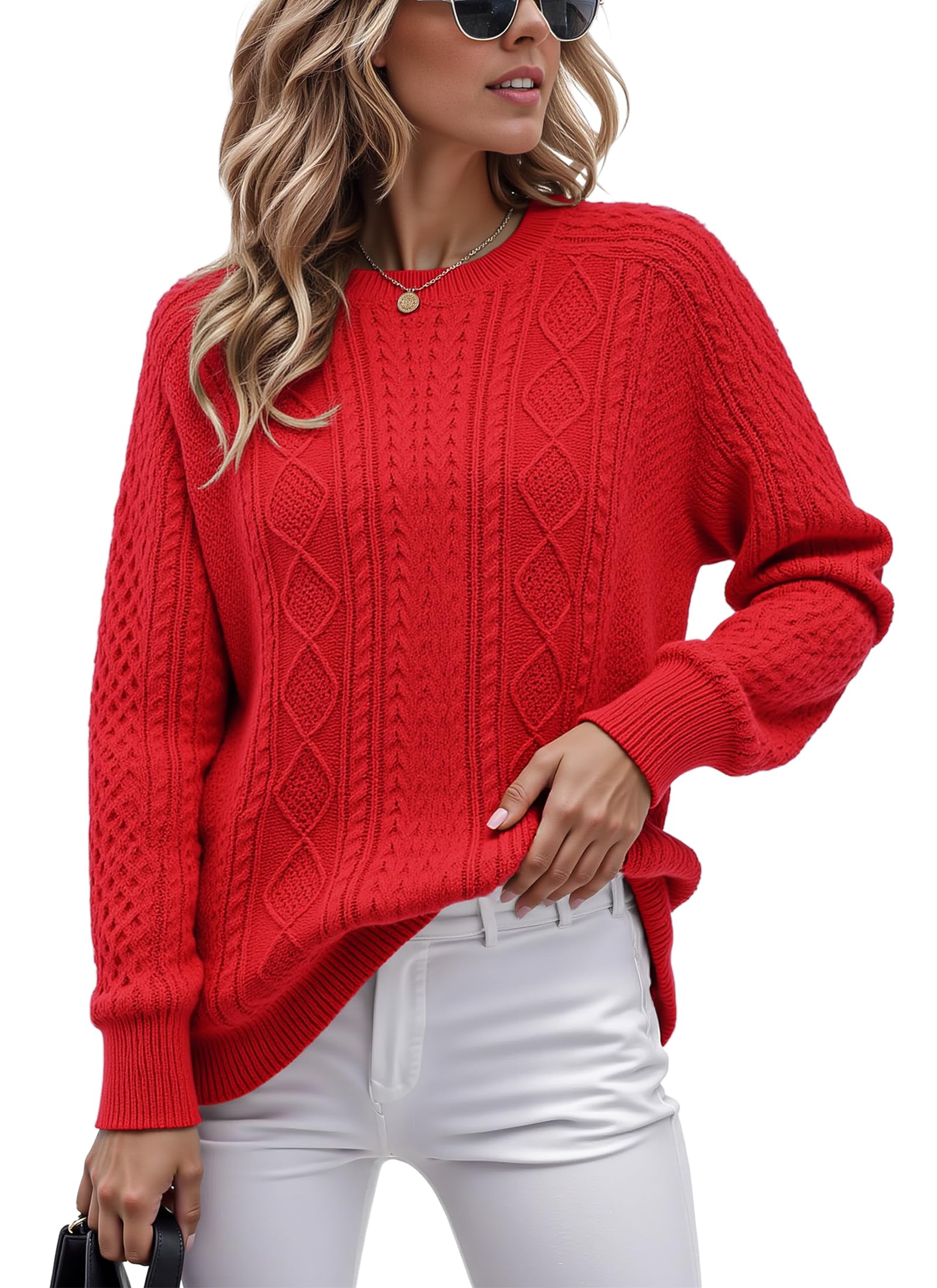 Jouica Womens Cable Knit Crewneck Sweaters Casual Long Sleeve Lightweight Ribbed Pullover Fall Outfits for Women 2025