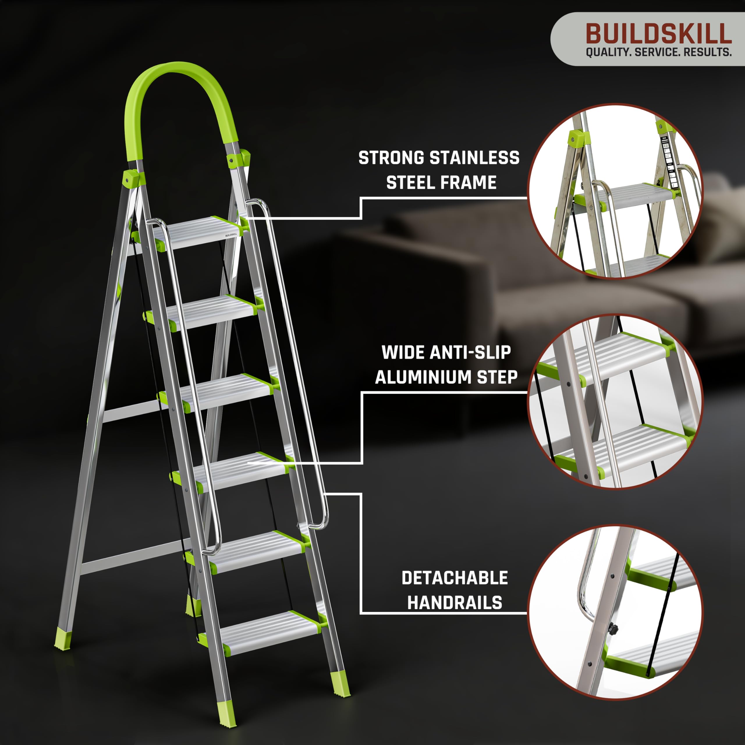 BUILDSKILL Aluminium Ladder for Home 6 Steps | 35x16cm Wide Anti-Slip Aluminium Steps | Stainless Steel Body | Handrails | Load 150 Kg| Foldable Lightweight 6.5KG Ladder for Kitchen, Office & Home — Amazon image 3