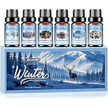 冬季精油套装,6 种优质假日香油,适用于扩散器、蜡烛和肥皂制作、冷冻魔法、冬季仙境、热可可、冷冻冷杉、保暖毛衣、原木火、家用香油