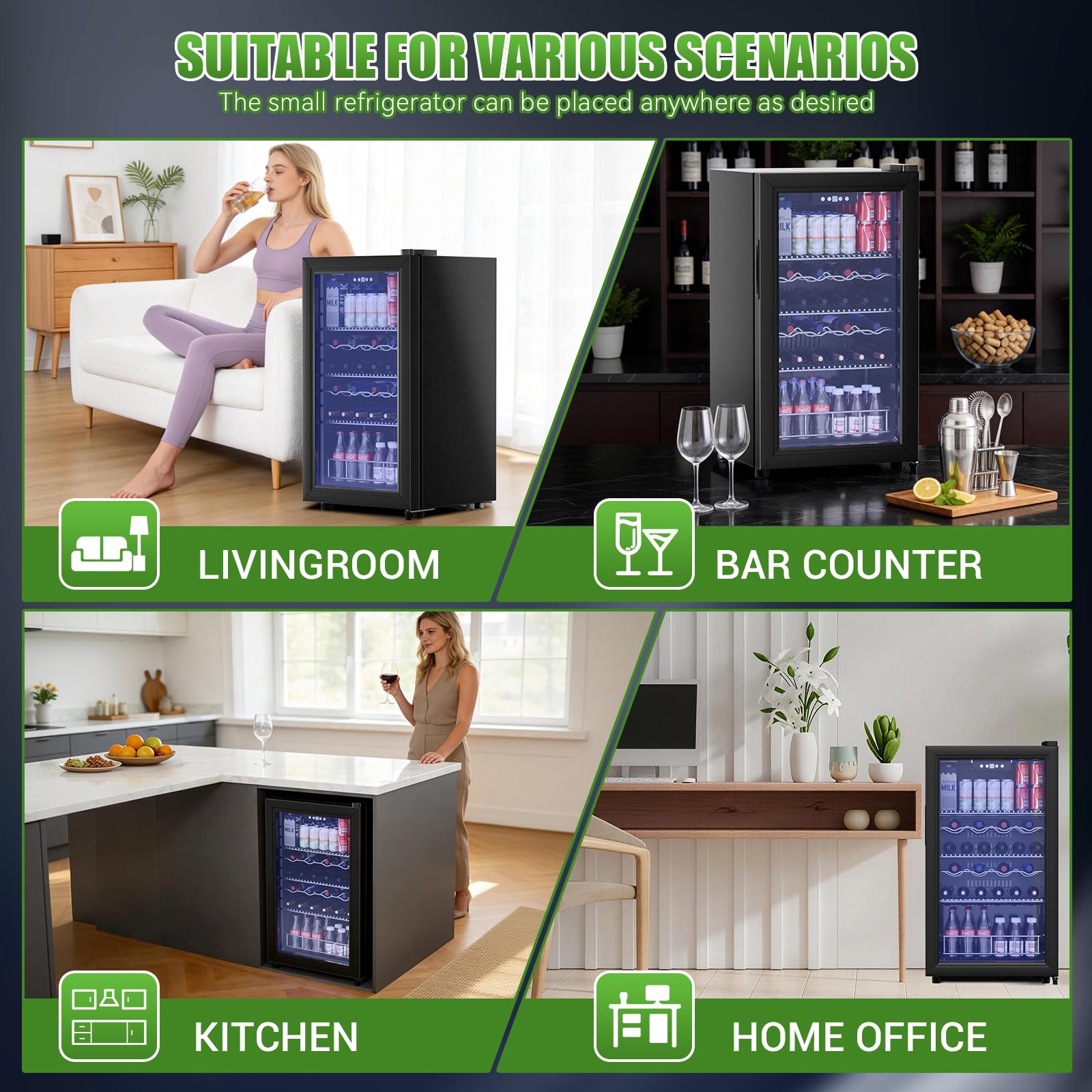 Getränkekühlschrank 65L – Mini Kühlschrank mit Glastür für 92 Dosen, freistehend, 43 dB leise, LED, Bierkühler für Büro, Zimmer & Bar, Schwarz