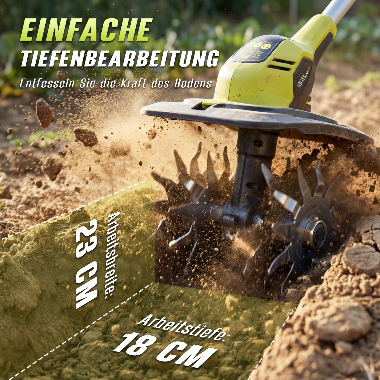 Akku Bodenhacke,Akku Gartenfräse,mit 2 x 4,0 Ah Akkus und Ladegerät,21V Elektro Motorhacke,18 cm Arbeitstiefe, 23cm Arbeitsbreite,48 Hackmesser für Beet, Acker & Landwirtschaft