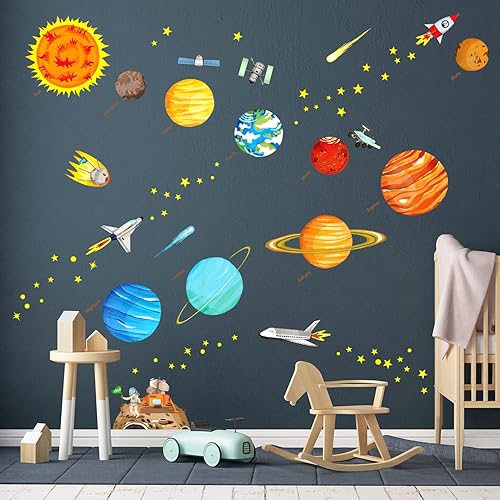 Miniatura 3 de DECOWALL DS9-1501S - Calcomanías de pared para niños, diseño del sistema solar, calcomanías de pared extraíbles para niños, guardería, dormitorio,