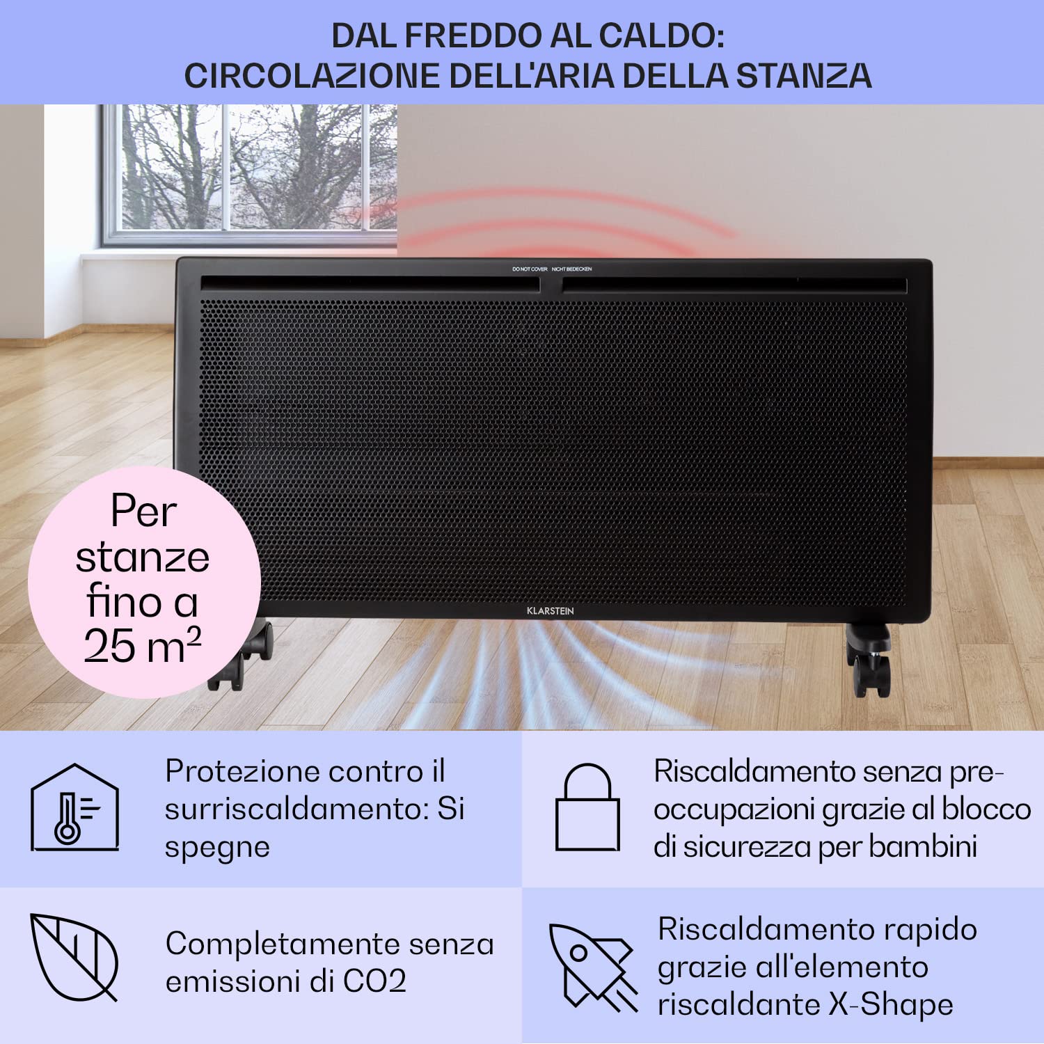 Klarstein Stufa Elettrica Basso Consumo, Stufa Elettrica 2000W, Termoconvettore Elettrico a Parete con Termostato, Termosifone Elettrico Basso Consumo, Calorifero Riscaldamento Elettrico Portatile