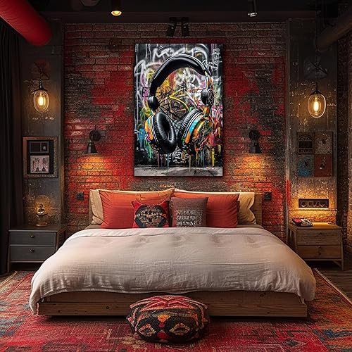 Miniatura 2 de ANRUOXI Impresión artística de graffiti con auriculares, póster abstracto de auriculares para DJ urbanos, decoración de imagen de graffiti de pared