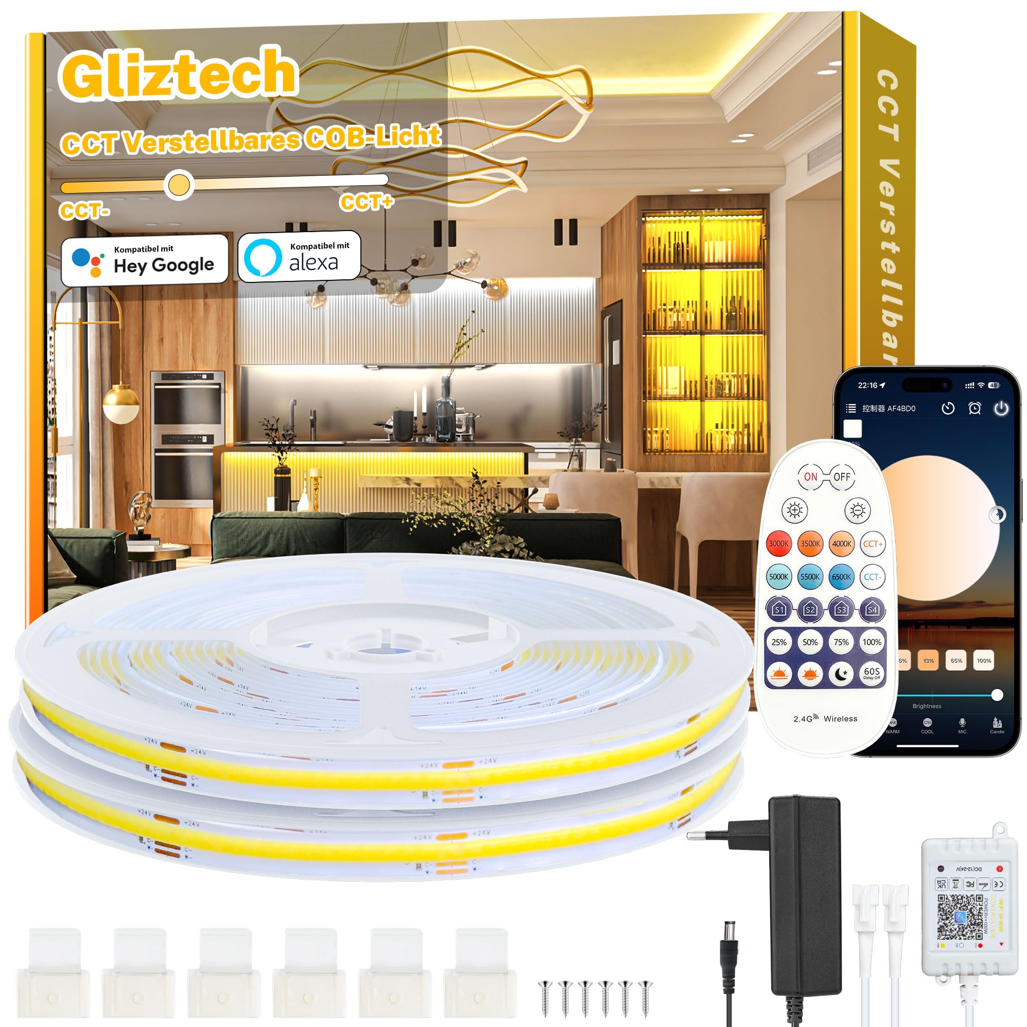 14M Cob Led Streifen Warmweiss Alexa Kompatibel, 3000K bis 6500K Led Strip Warmweiß bis Kaltweiß Dimmer, Ultraheller Led Band, Led Unterbauleuchte mit Fernbedienung und App für Küche, Schlafzimmer
