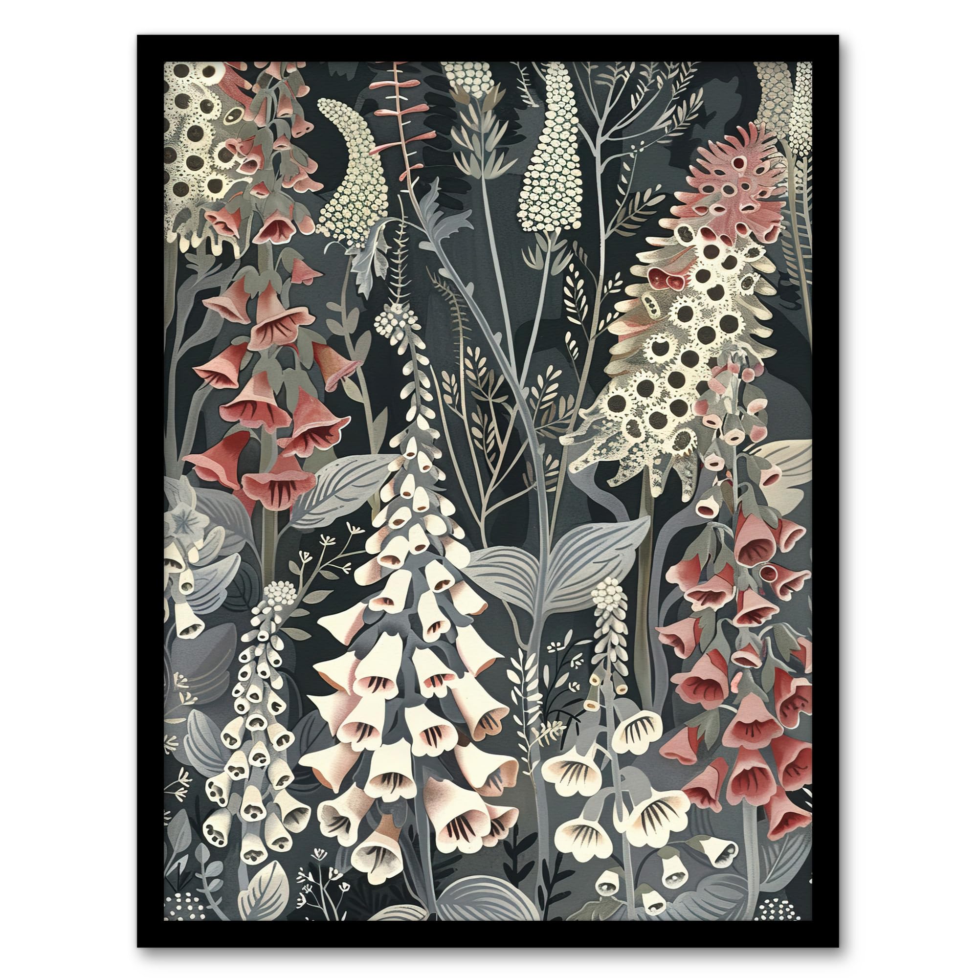 Artery8 Dark Foxglove Forest Flowers Artwork Grey Floral Living Room Artwork Framed Wall Art Print A4