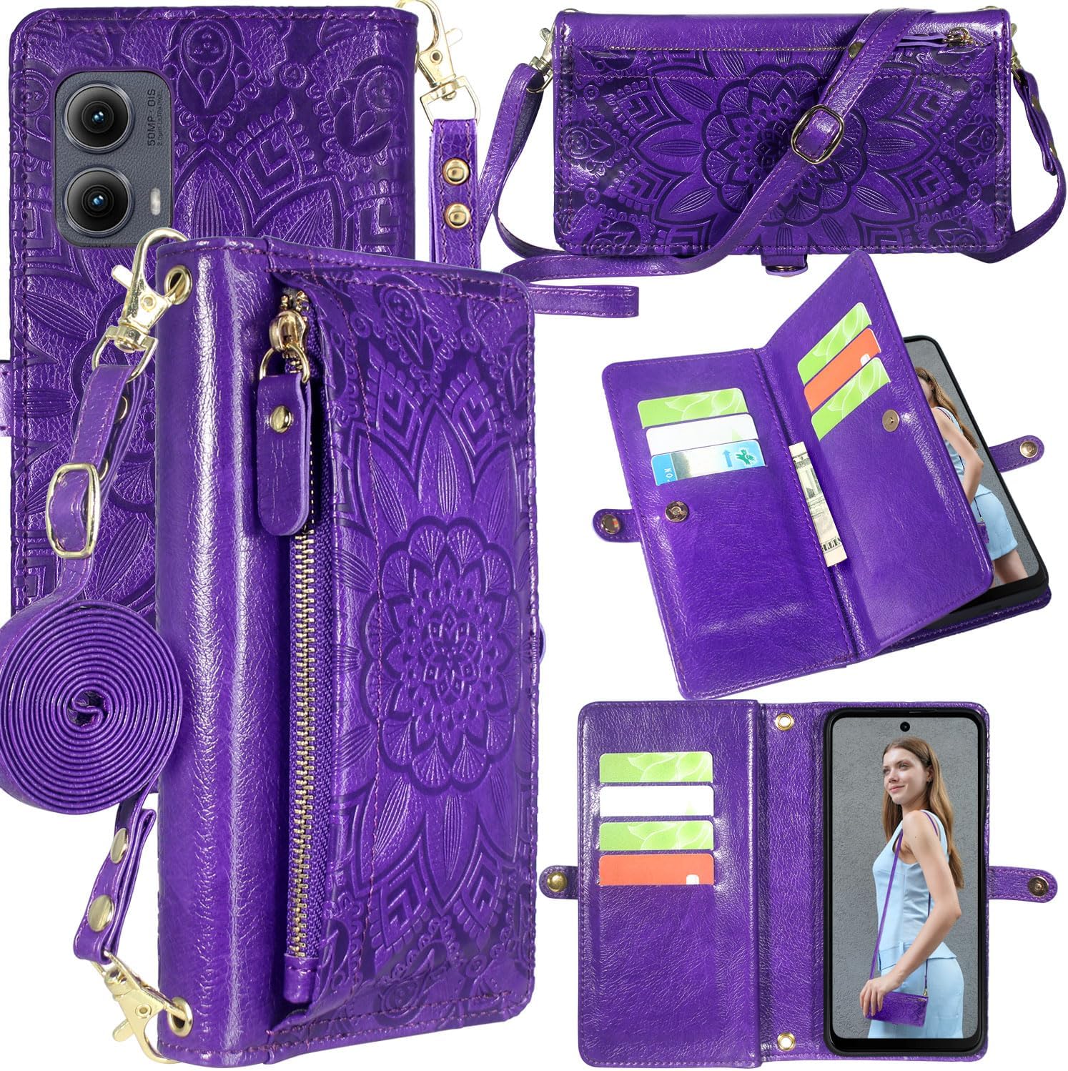 Harryshell Crossbody for Motorola Moto Edge 2024 Wallet Case [10 Card Slots] with [Theft-Scan Blocking],Cash Coin Zipper Pocket Long Shoulder & Wrist Strap (Floral Purple)