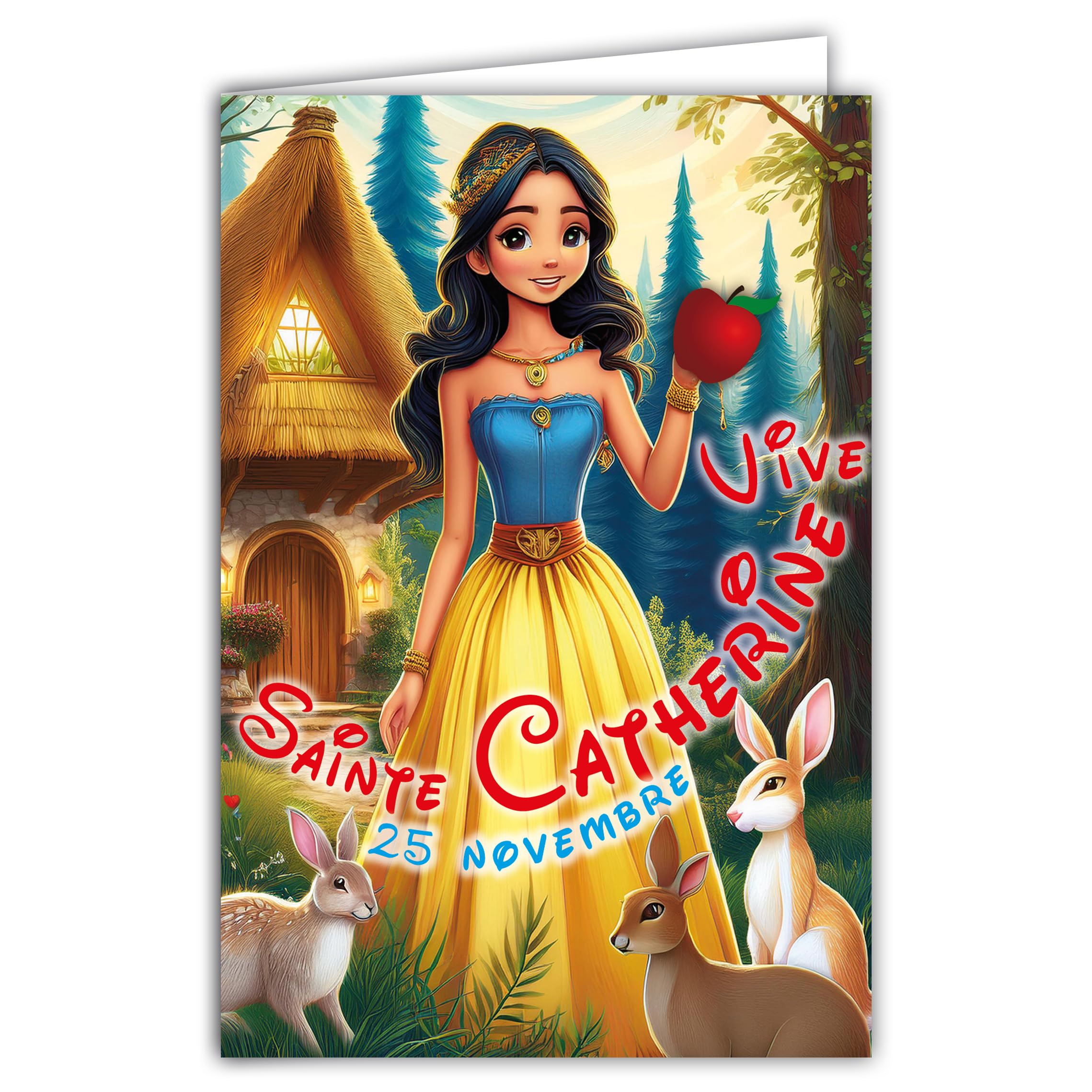 68-1345 Vive Saint Catherine 25 November Wish a Happy Birthday to a Girl Woman Who Loves Princesses Snow White Cinema with White Envelope 12 x 17 cm