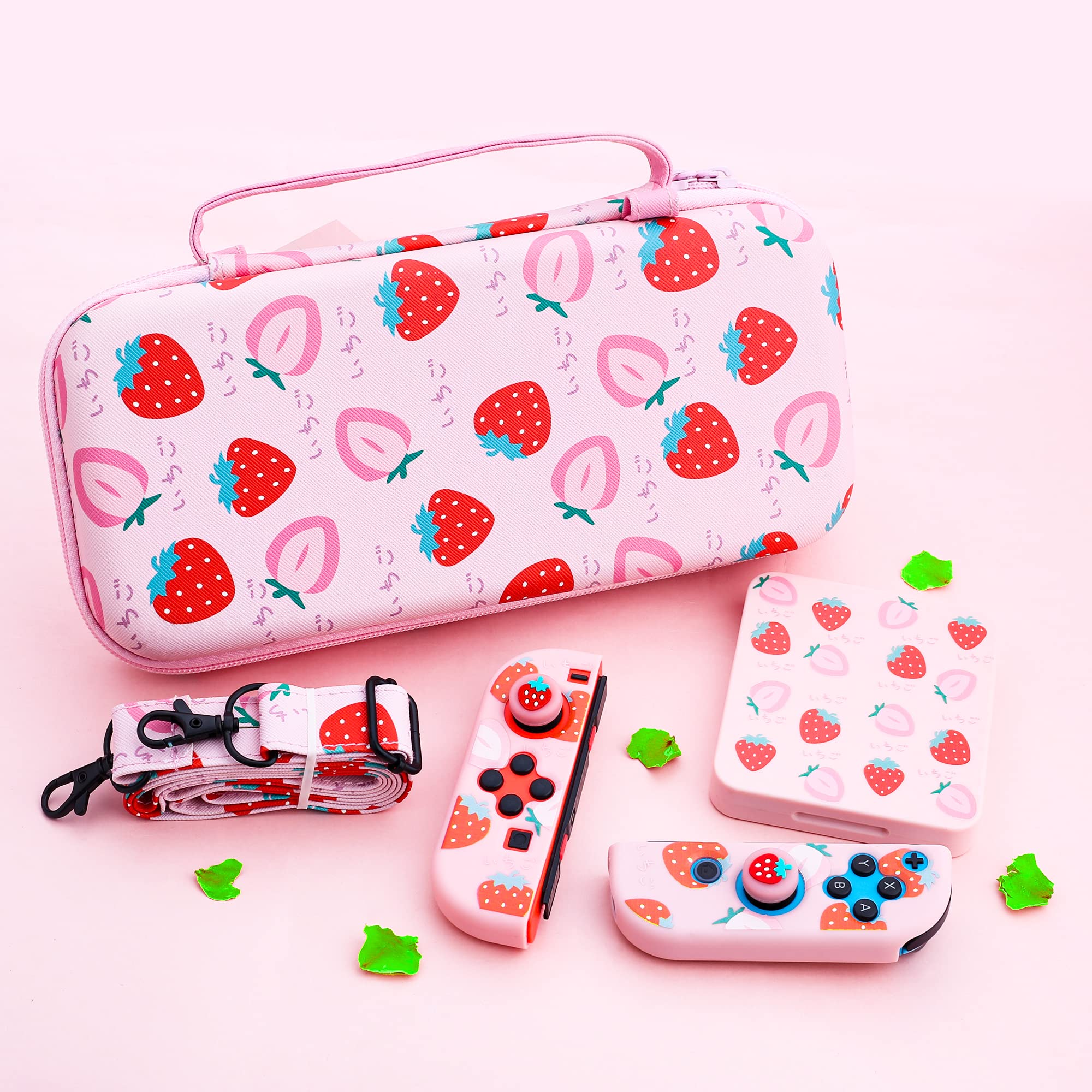 GLDRAM Custodia da trasporto fragola per Nintendo Switch & OLED, set di accessori rosa con borsa da viaggio per interruttore portatile, 2 cover Joycon in TPU, custodia per carte di credito, tracolla e